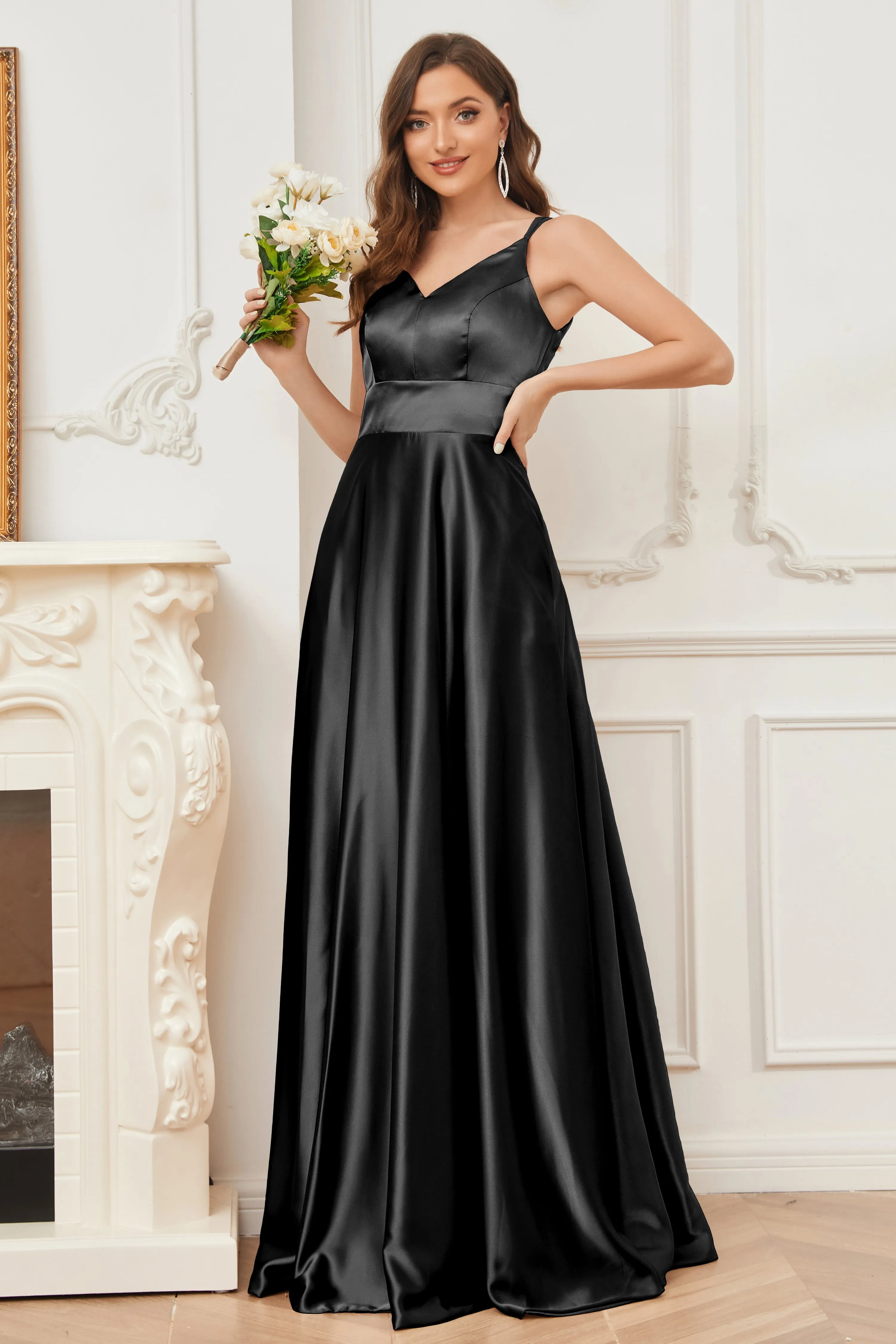 Spaghetti Straps V-neck Soft Satin Bridesmaid Dress