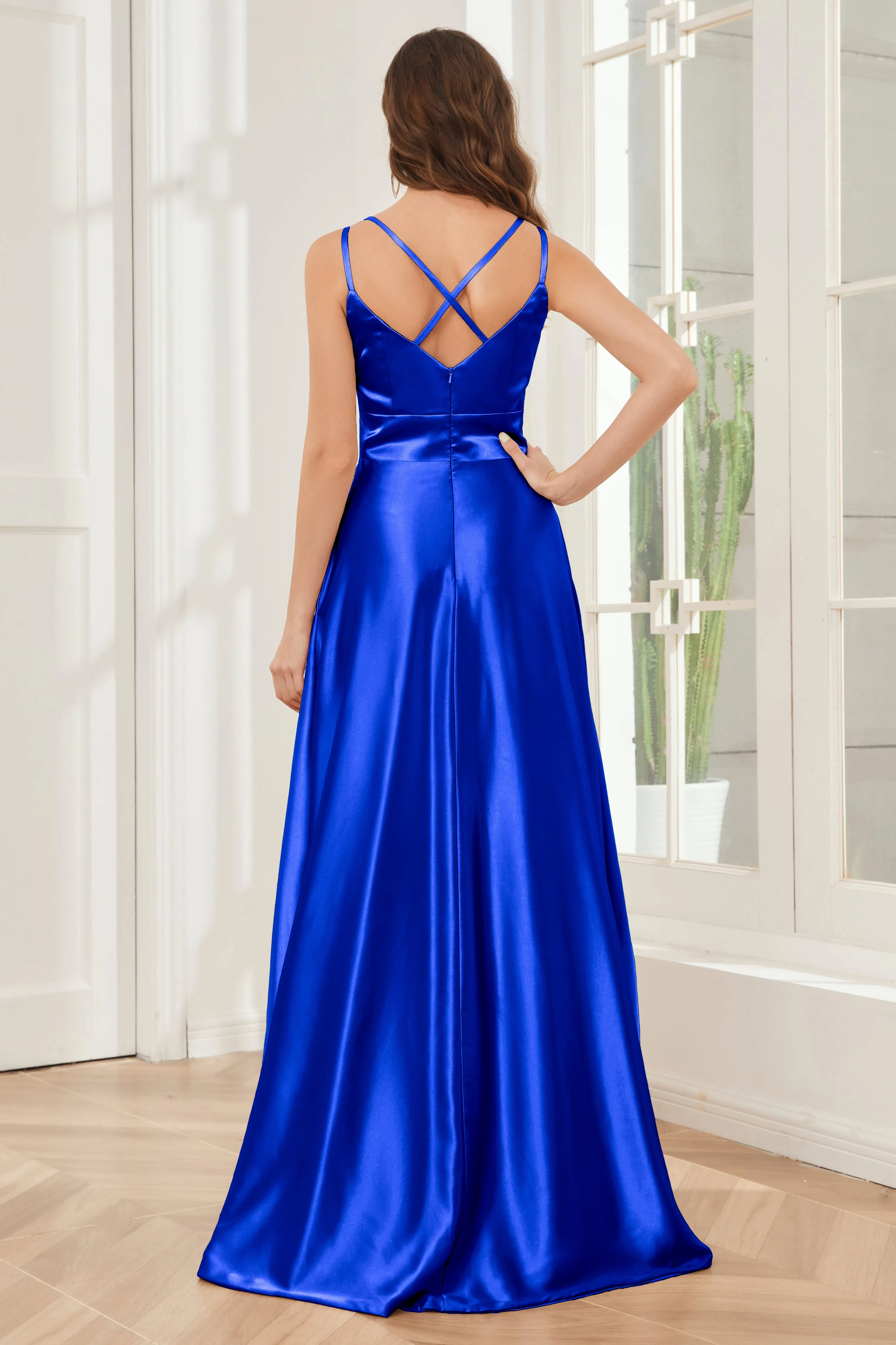 Spaghetti Straps V-neck Soft Satin Bridesmaid Dress