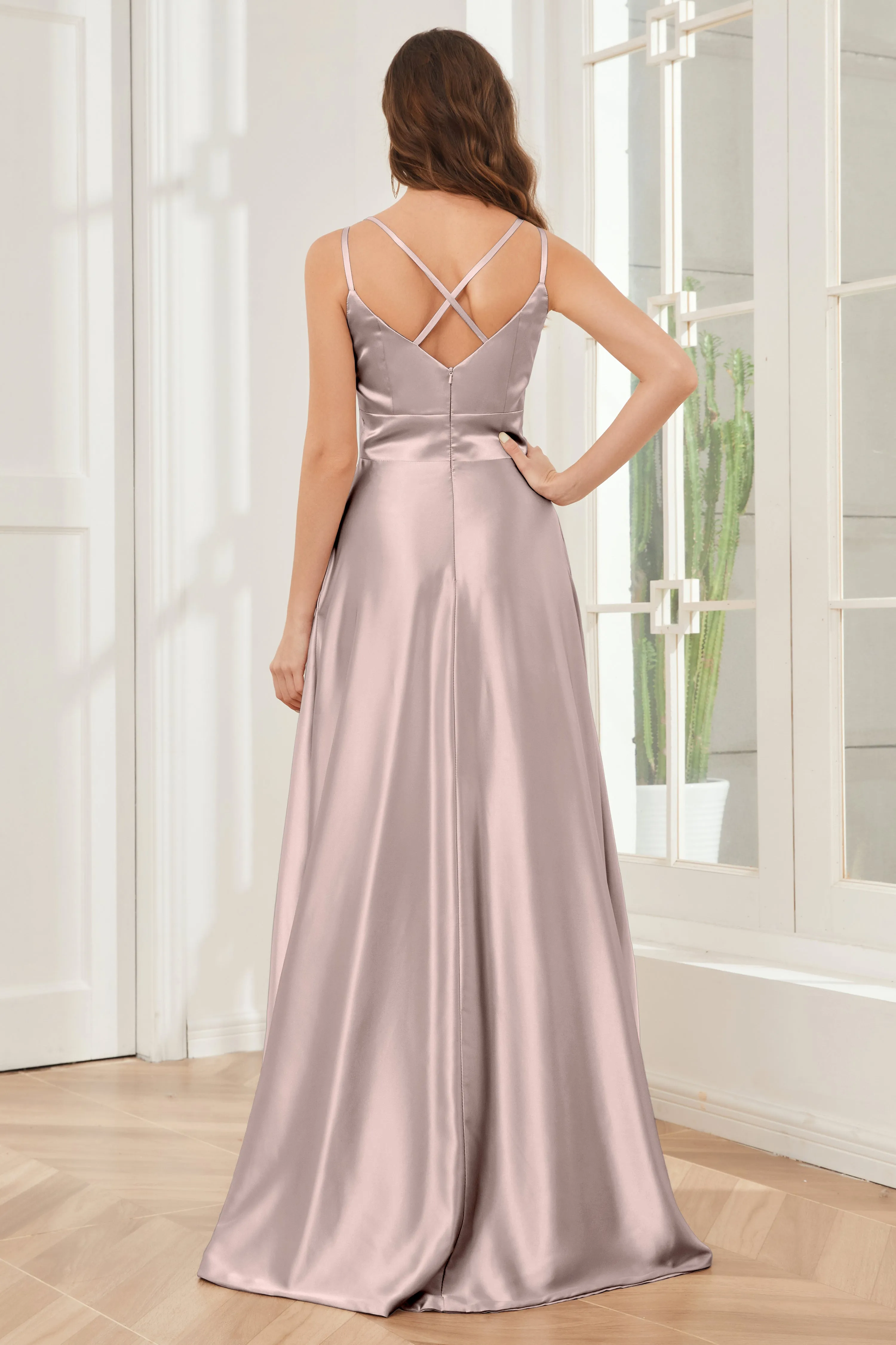 Spaghetti Straps V-neck Soft Satin Bridesmaid Dress