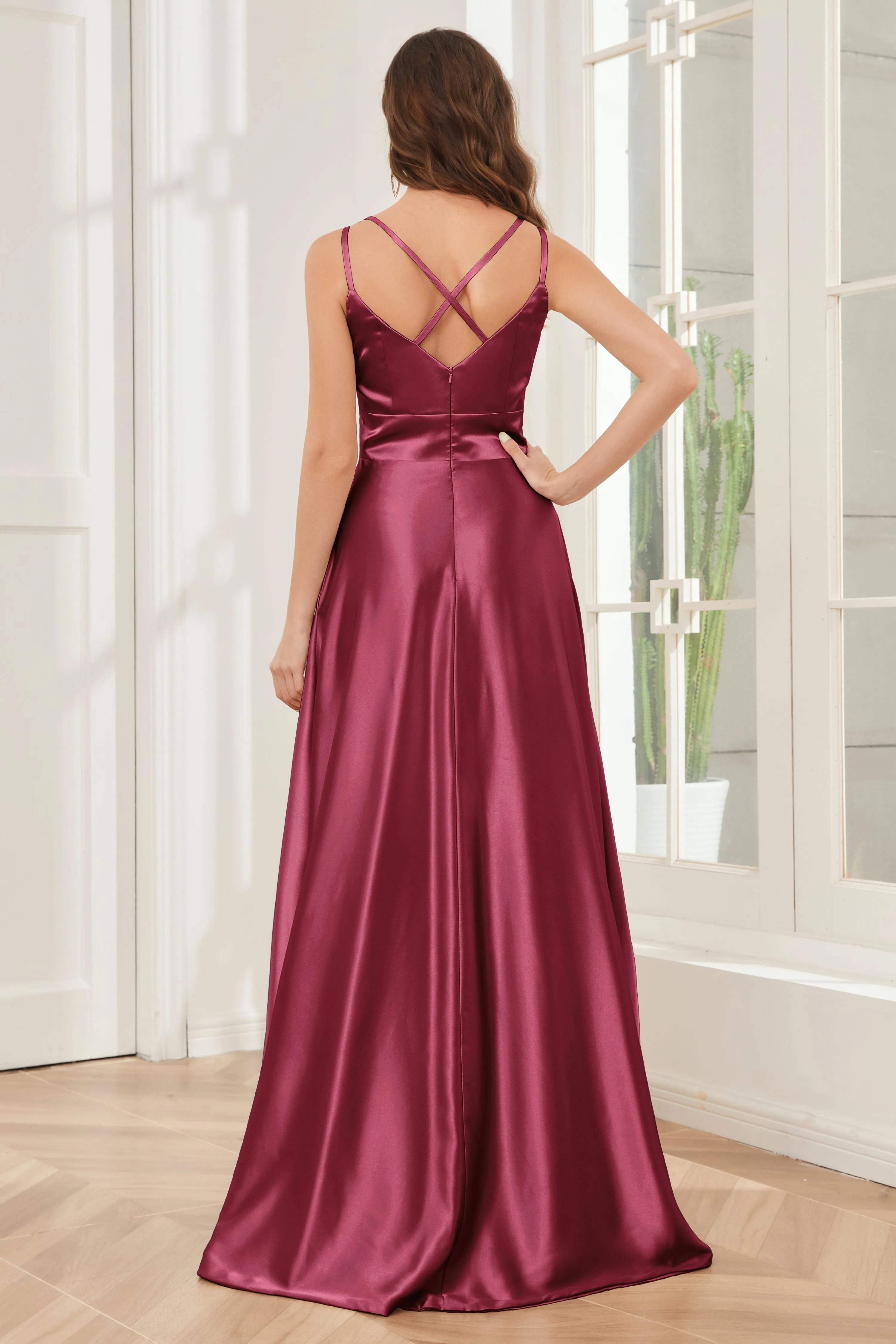 Spaghetti Straps V-neck Soft Satin Bridesmaid Dress