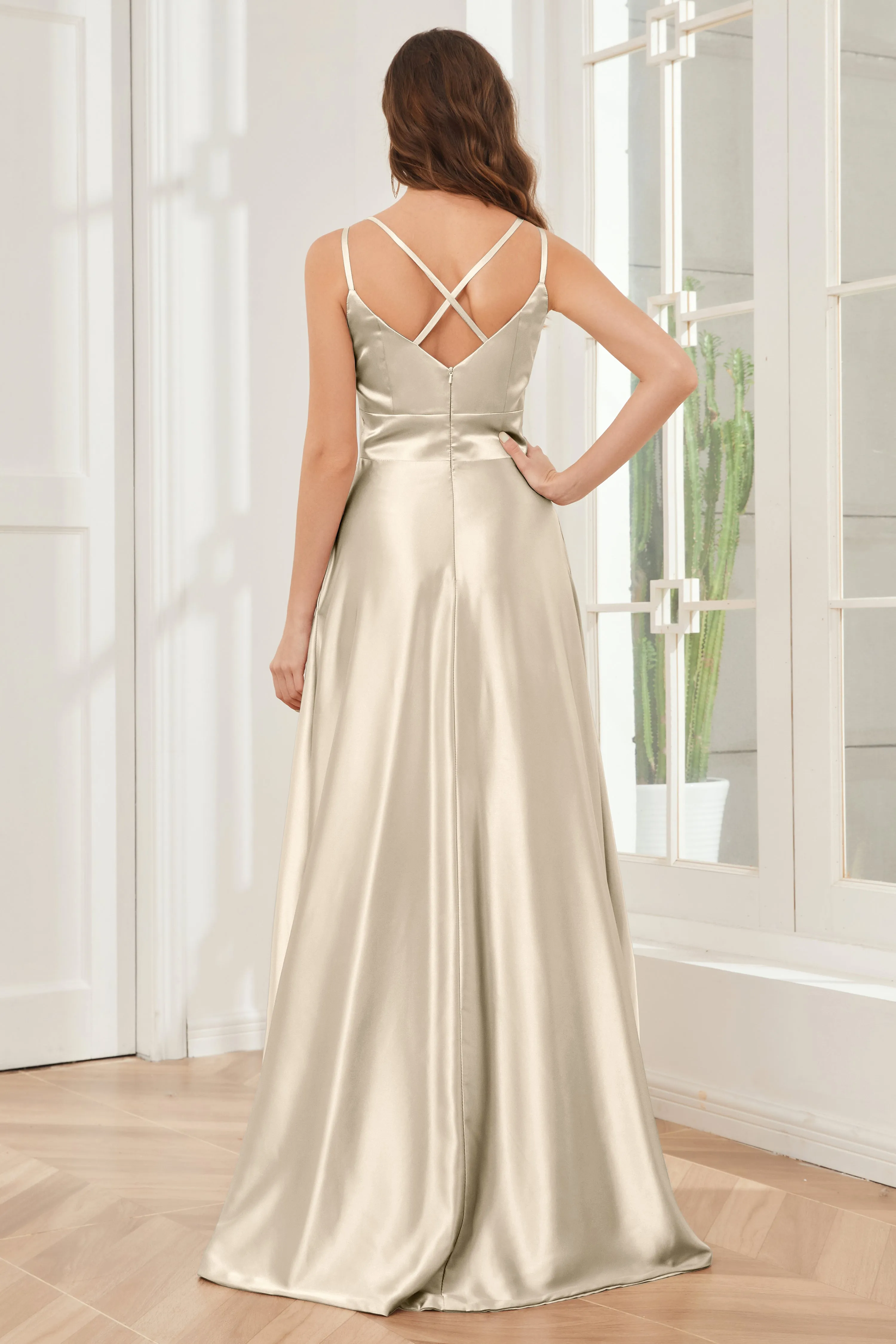Spaghetti Straps V-neck Soft Satin Bridesmaid Dress