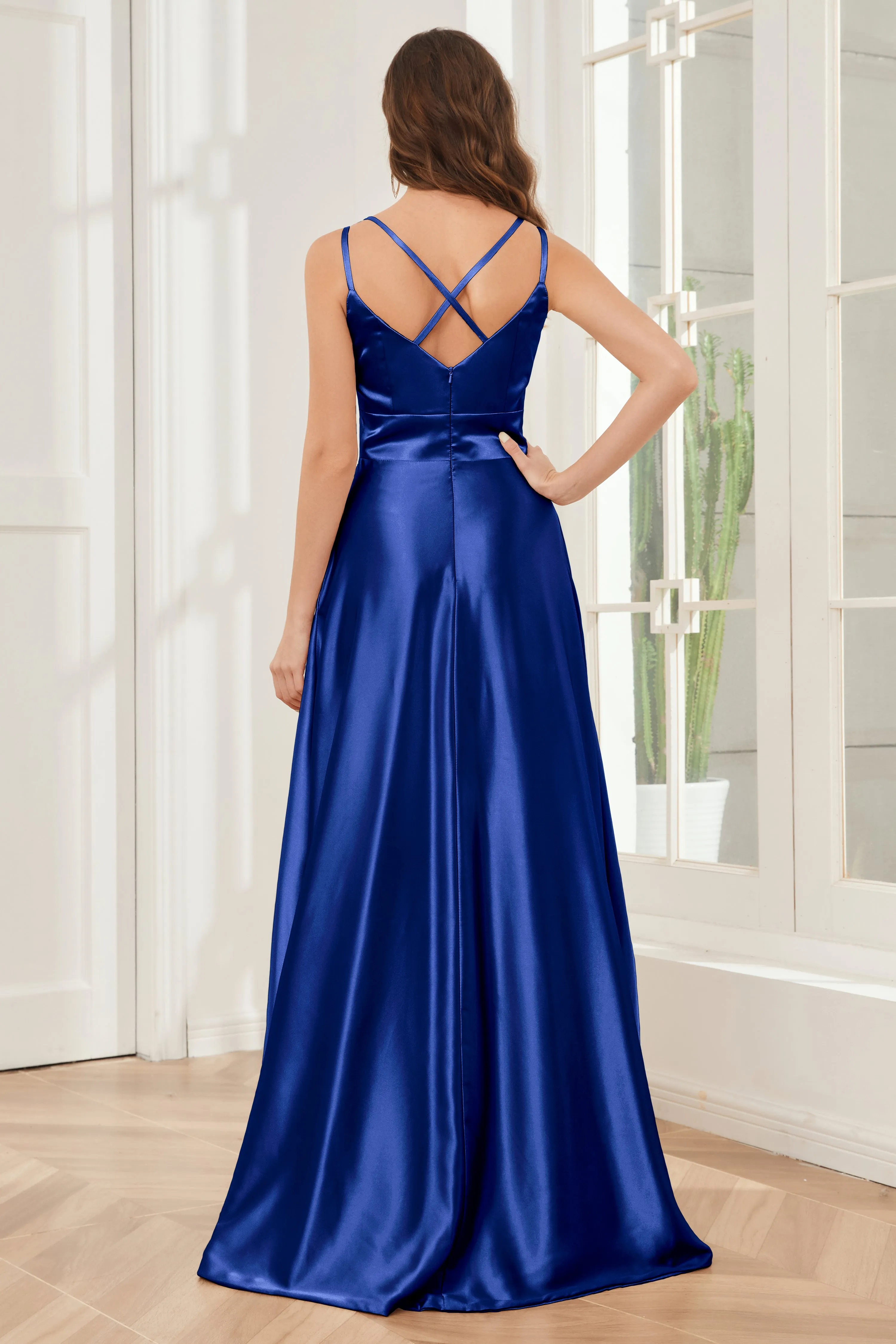 Spaghetti Straps V-neck Soft Satin Bridesmaid Dress