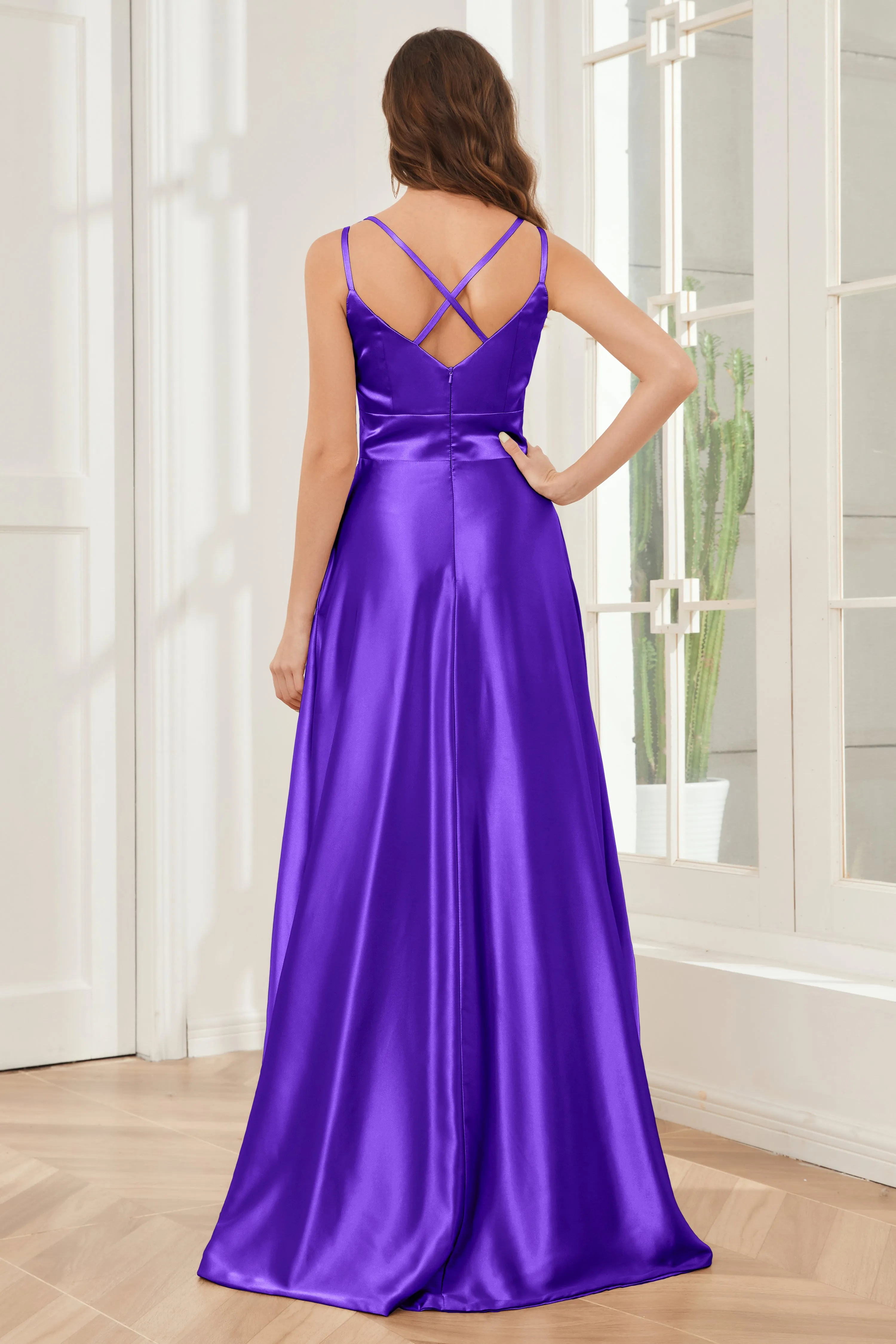 Spaghetti Straps V-neck Soft Satin Bridesmaid Dress