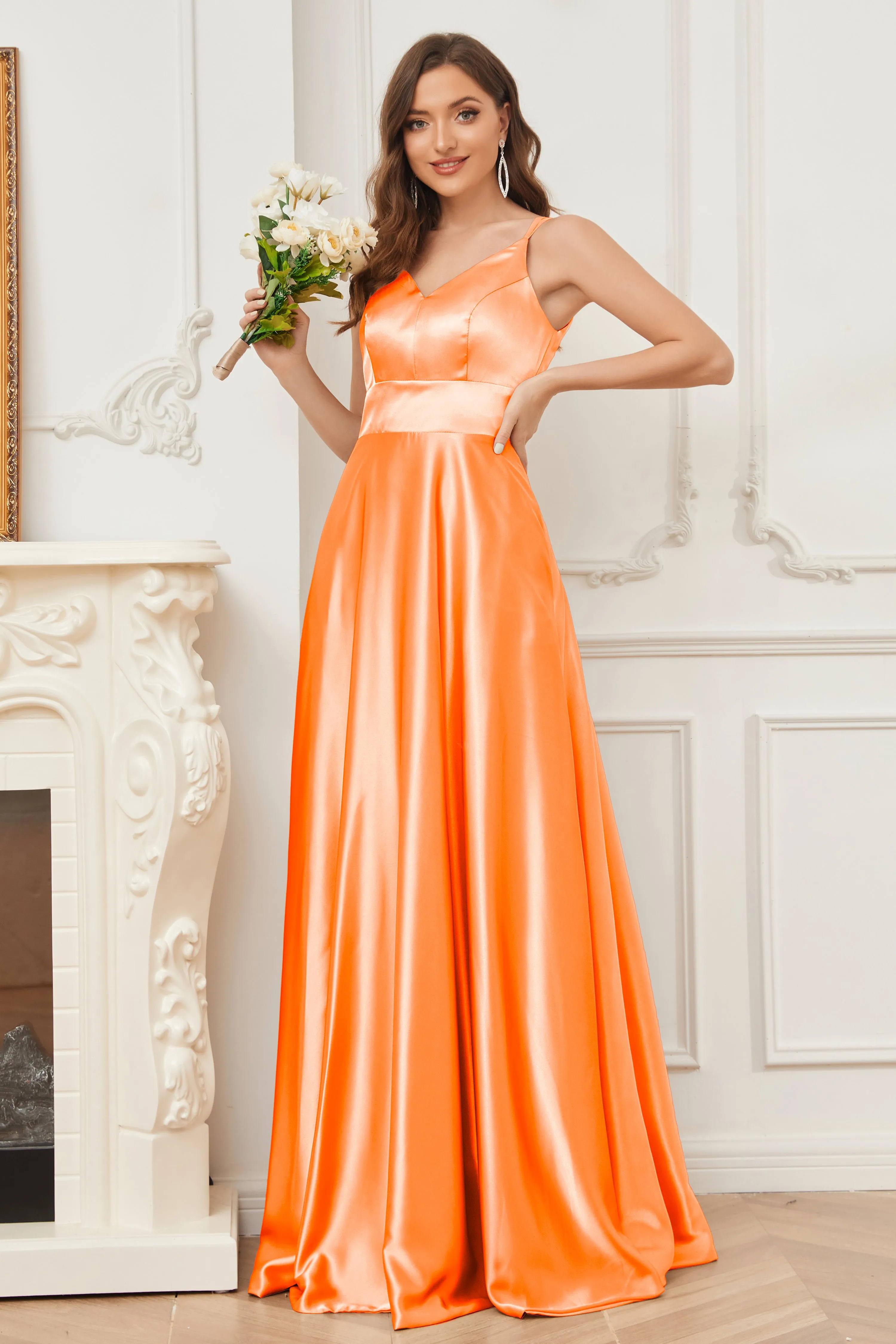 Spaghetti Straps V-neck Soft Satin Bridesmaid Dress