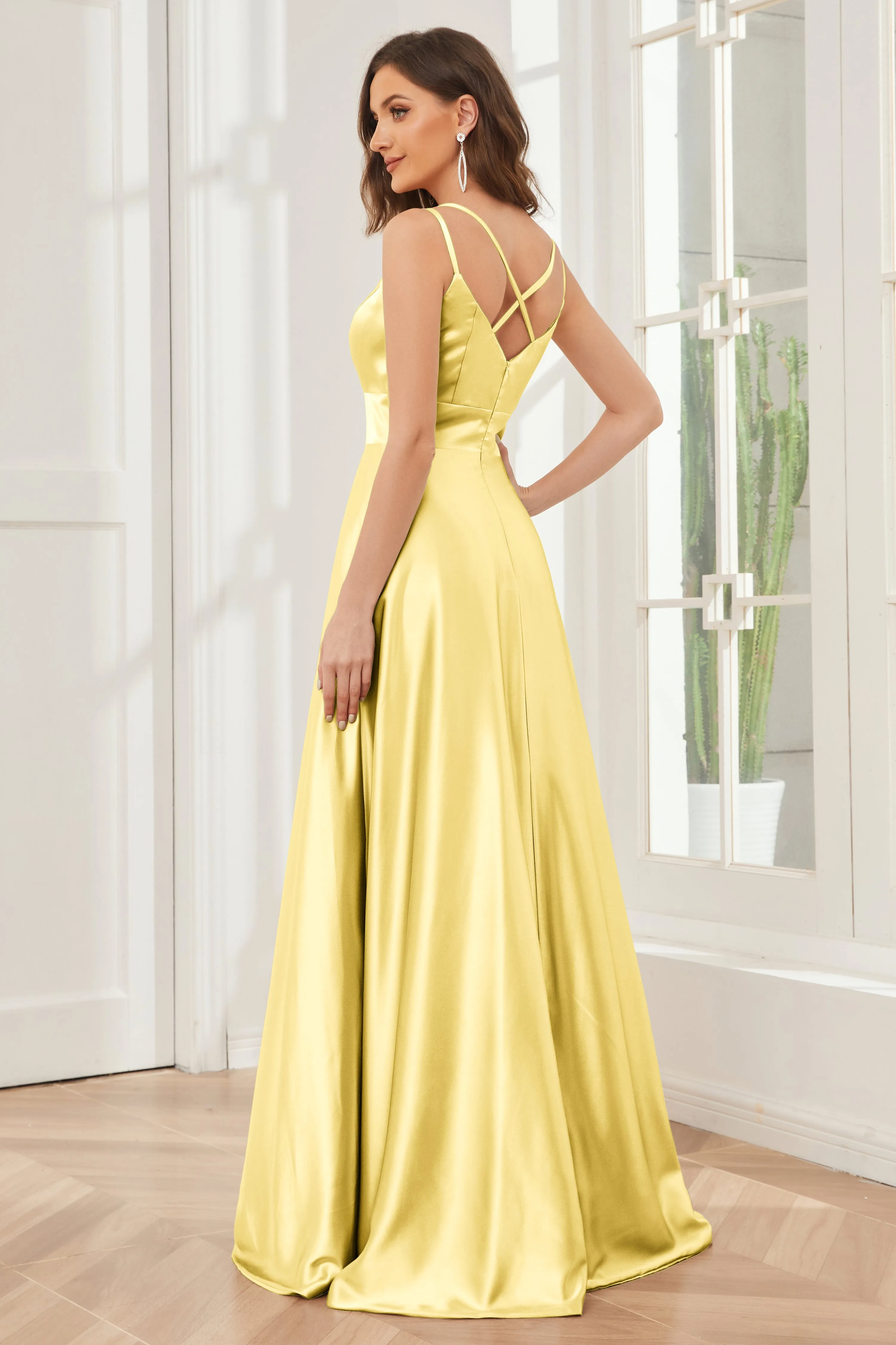 Spaghetti Straps V-neck Soft Satin Bridesmaid Dress