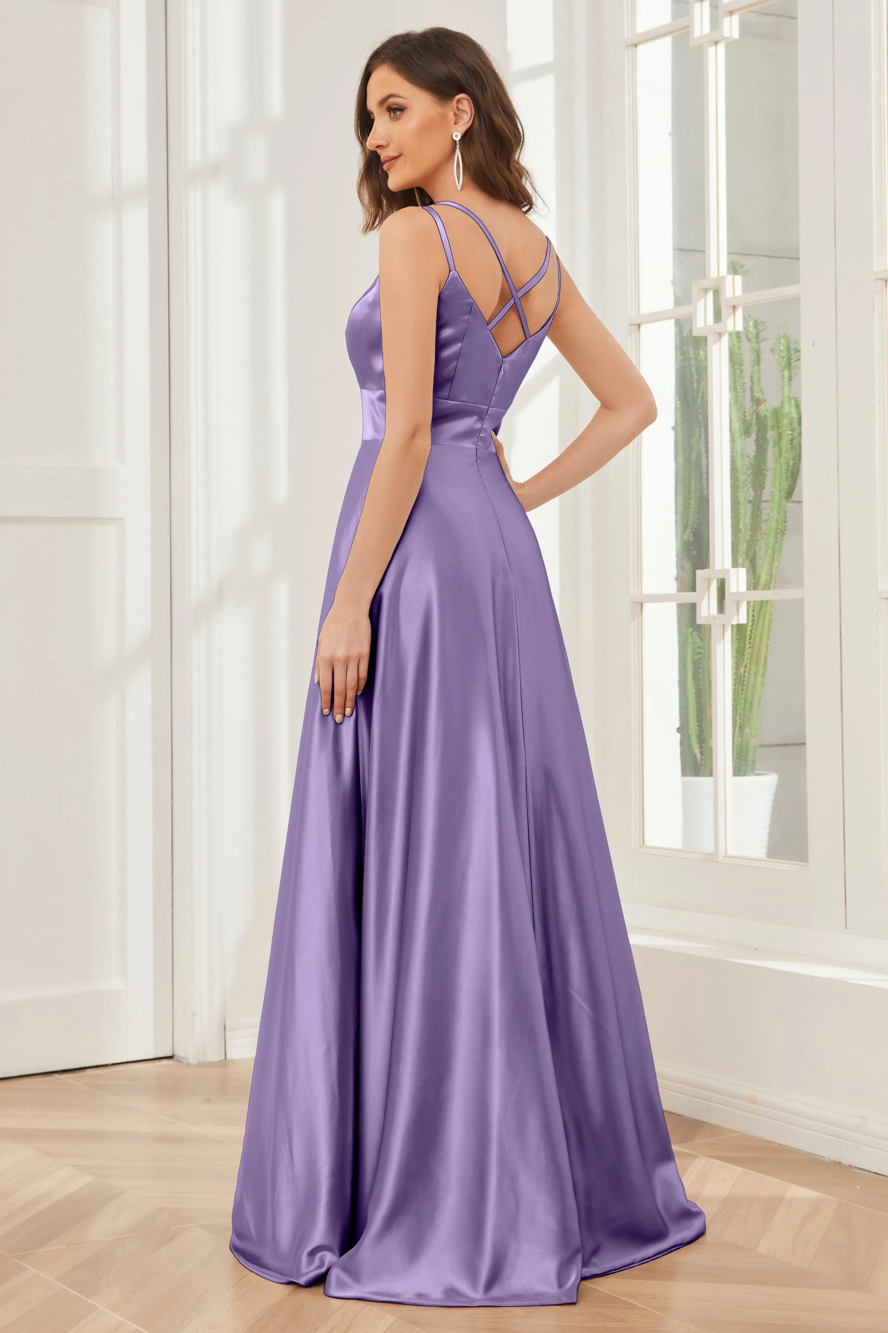 Spaghetti Straps V-neck Soft Satin Bridesmaid Dress