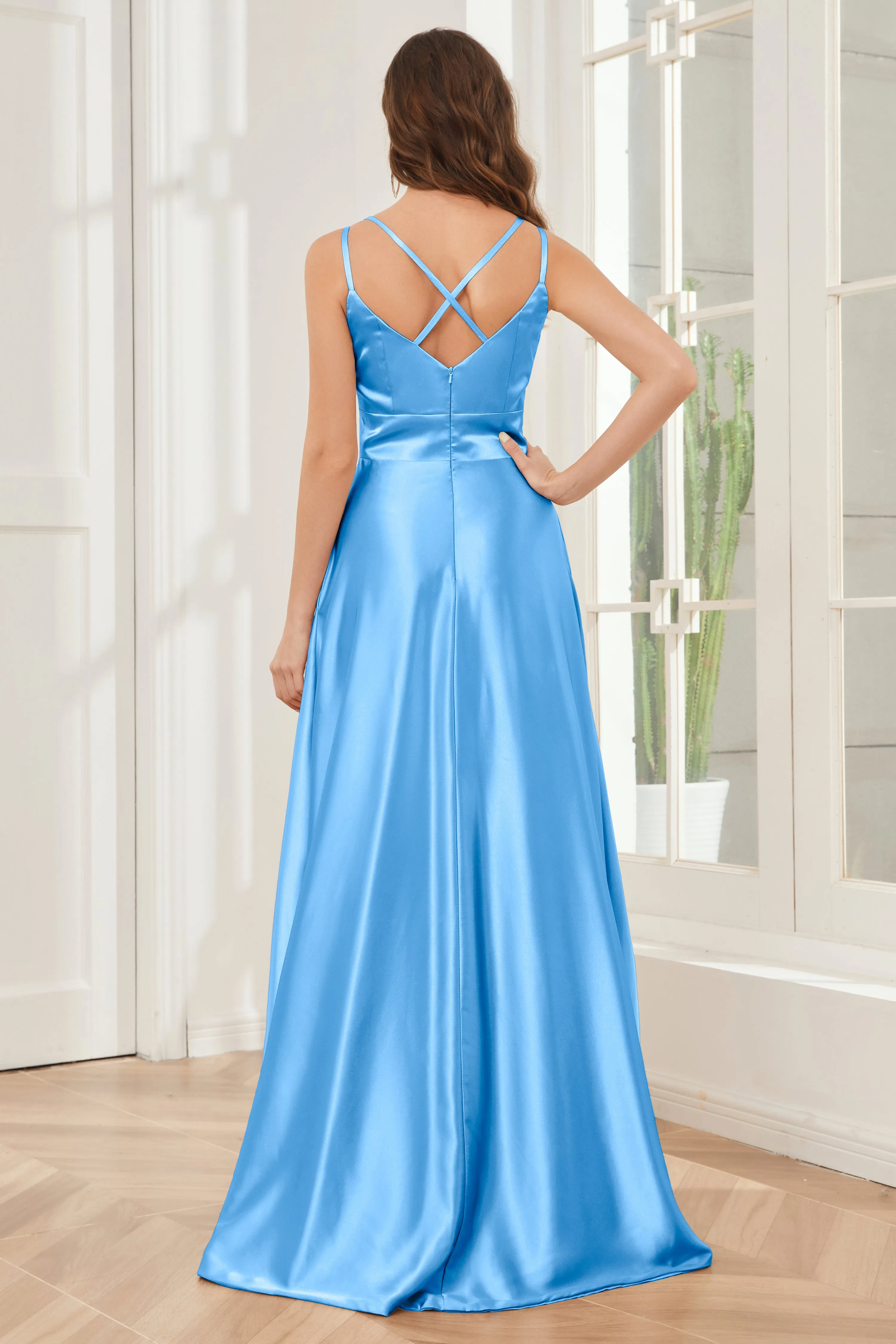 Spaghetti Straps V-neck Soft Satin Bridesmaid Dress