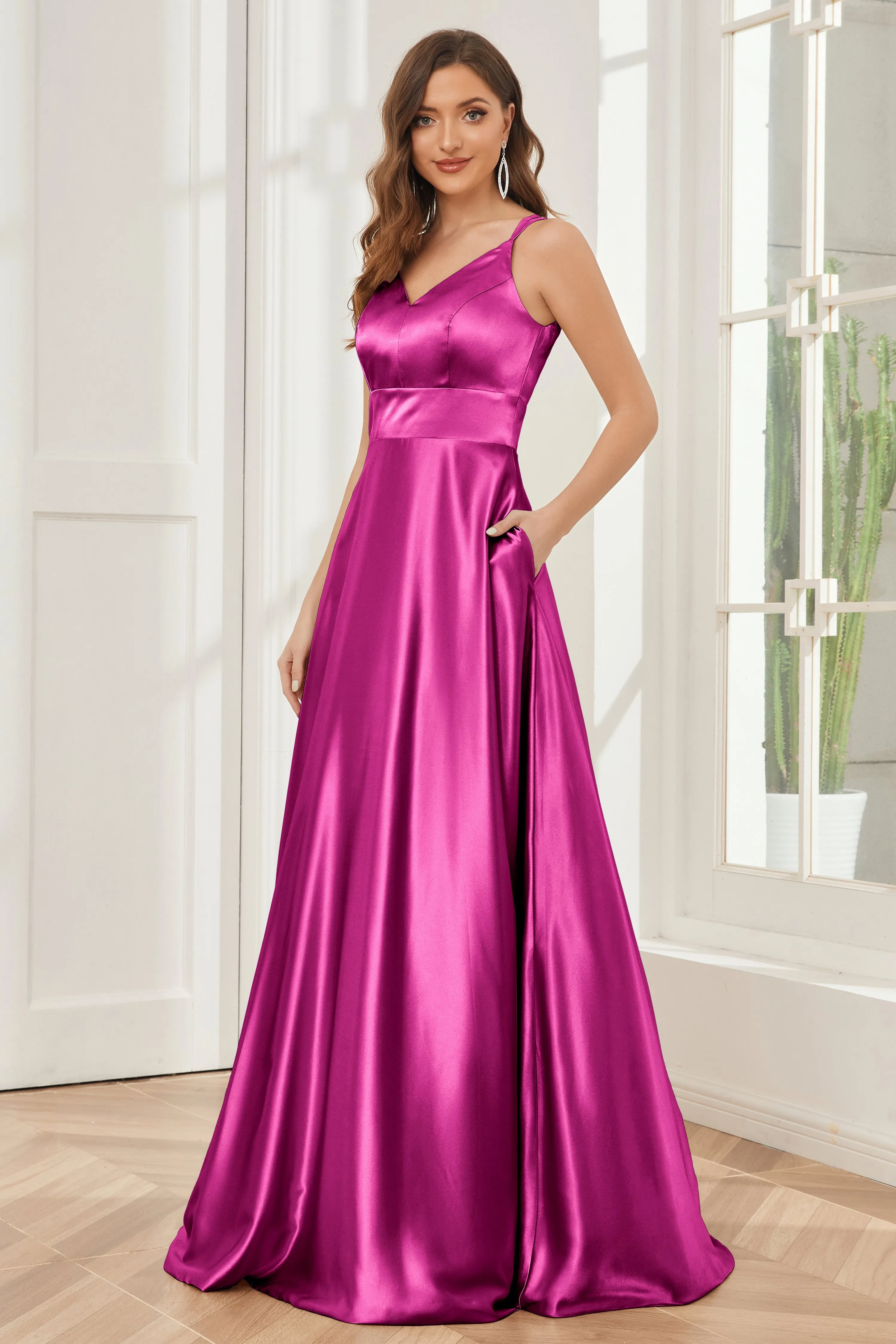 Spaghetti Straps V-neck Soft Satin Bridesmaid Dress