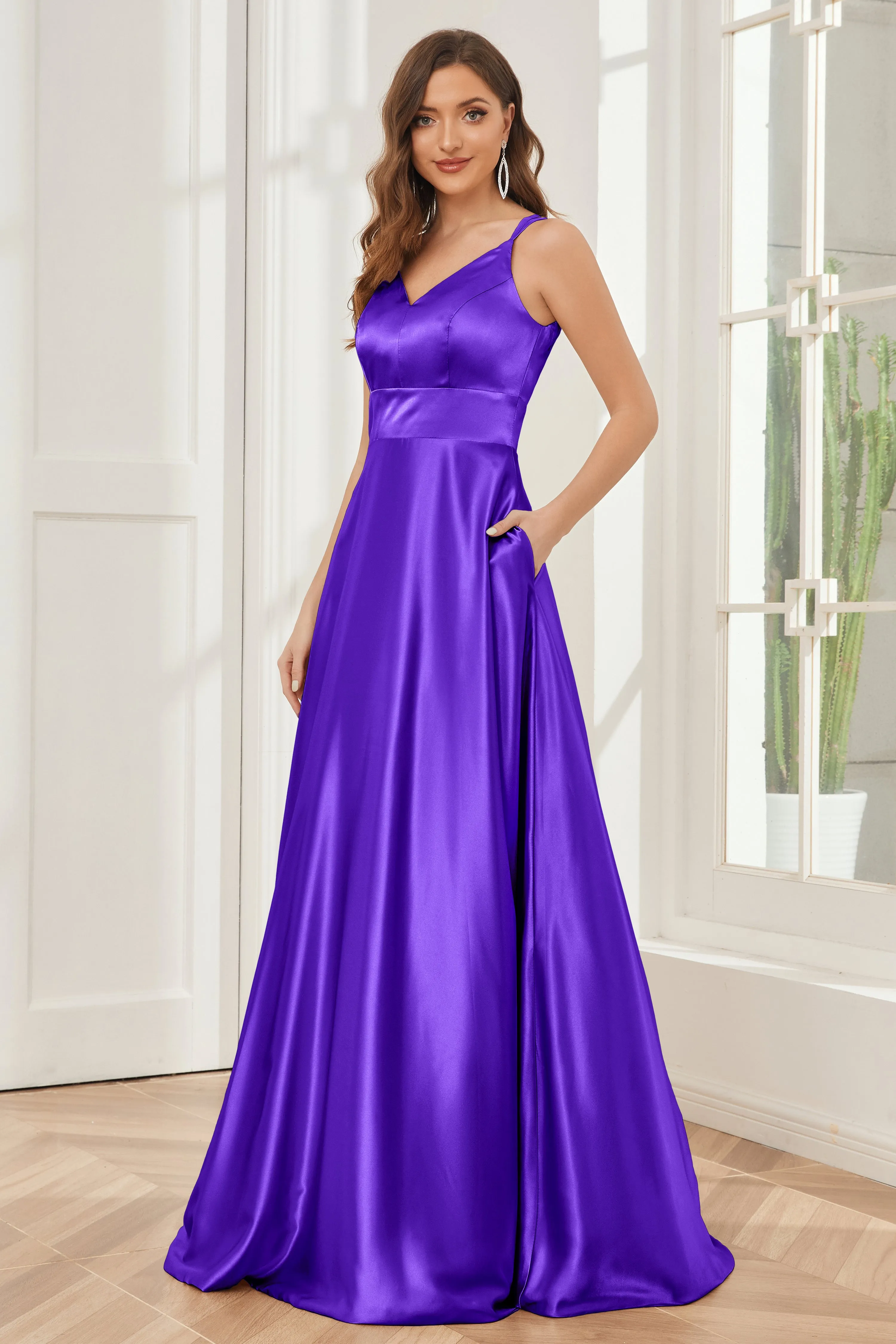 Spaghetti Straps V-neck Soft Satin Bridesmaid Dress