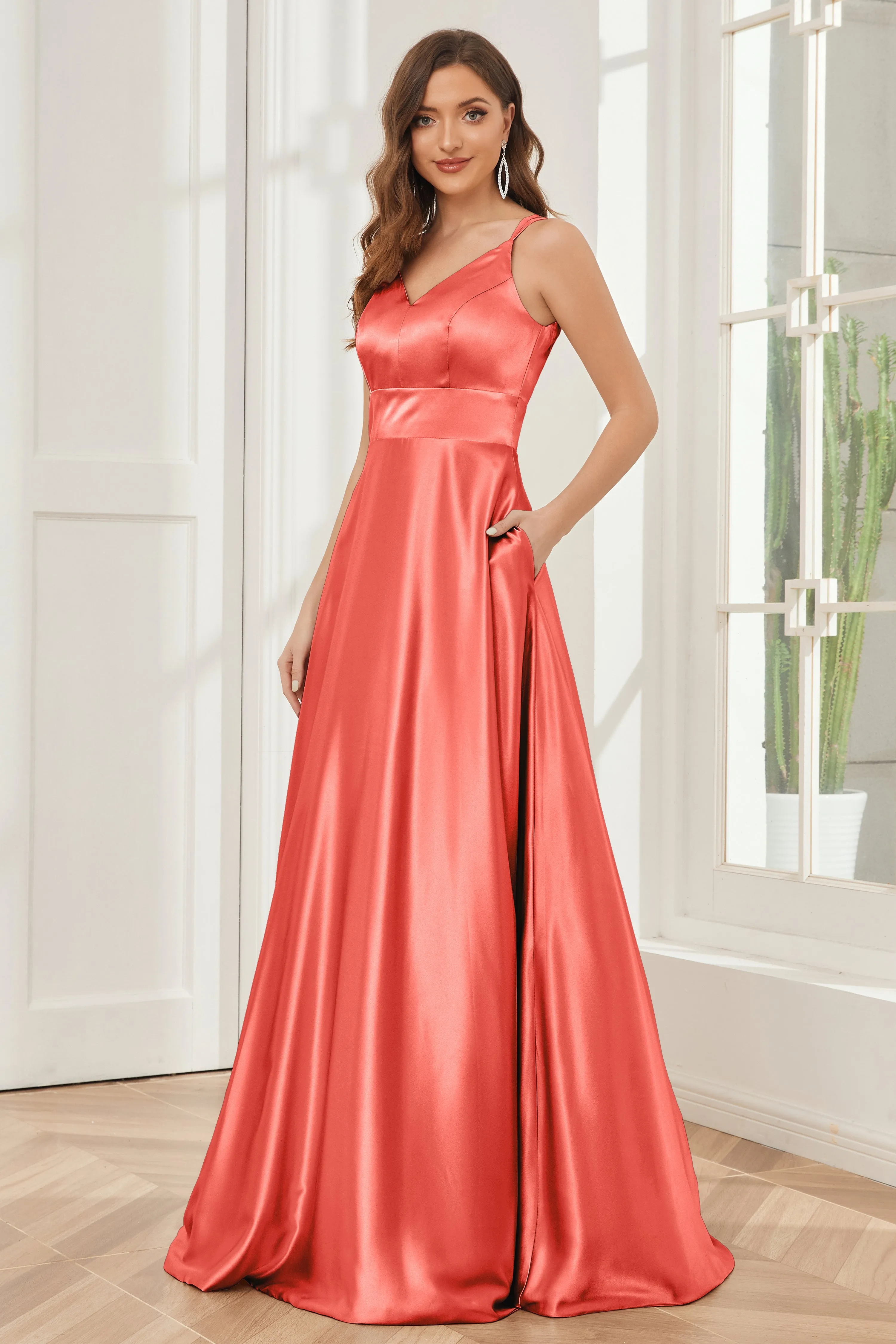 Spaghetti Straps V-neck Soft Satin Bridesmaid Dress