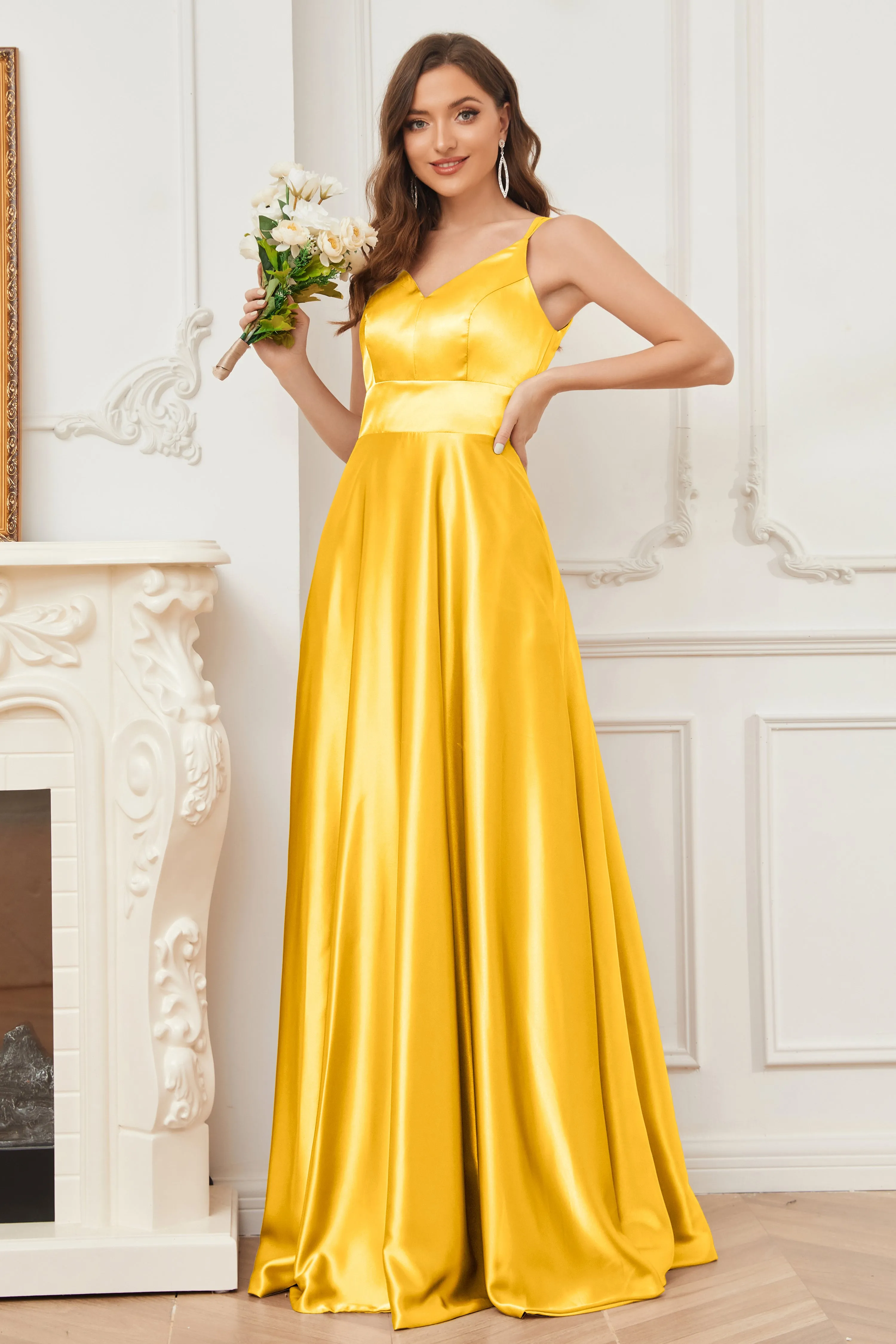Spaghetti Straps V-neck Soft Satin Bridesmaid Dress