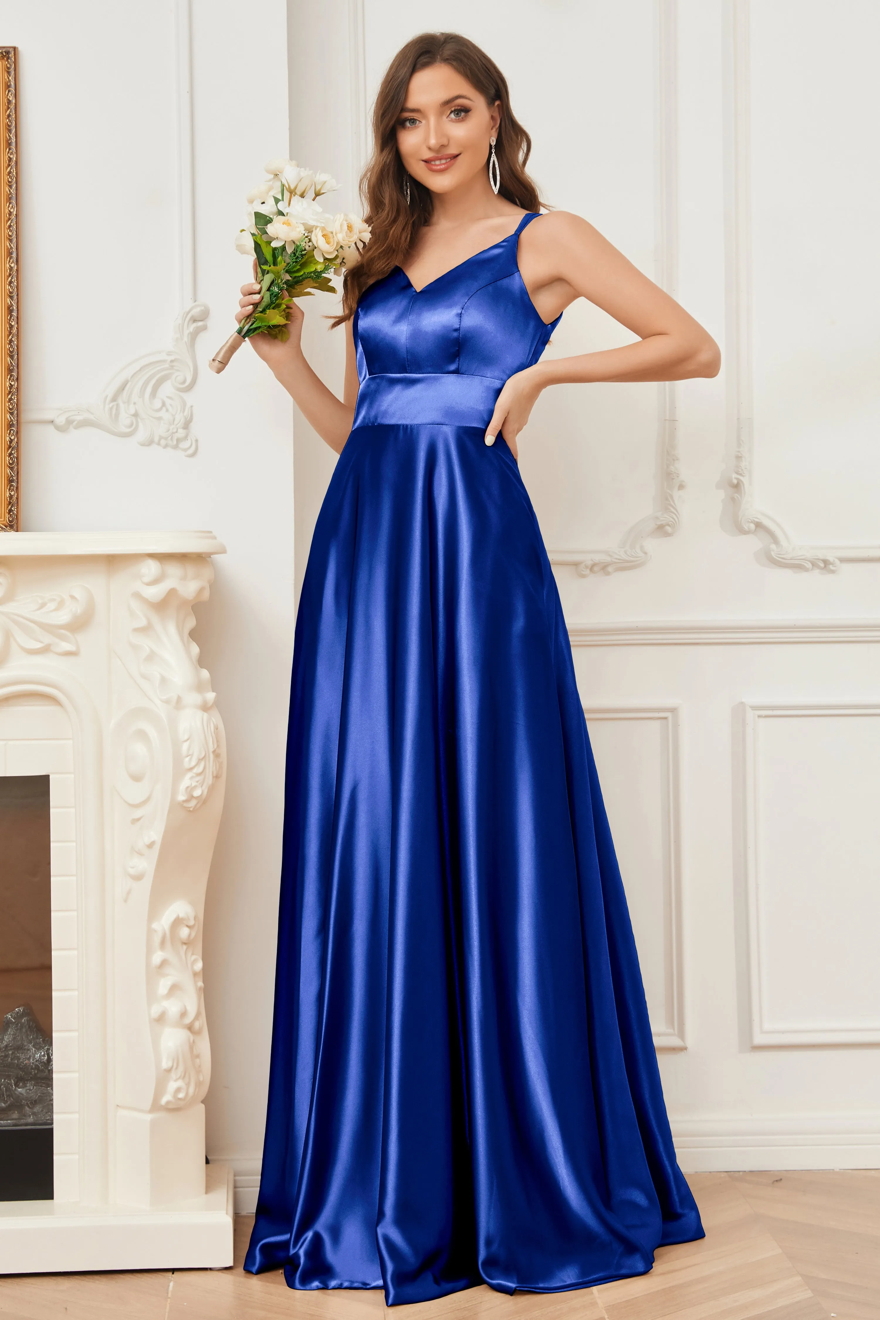 Spaghetti Straps V-neck Soft Satin Bridesmaid Dress