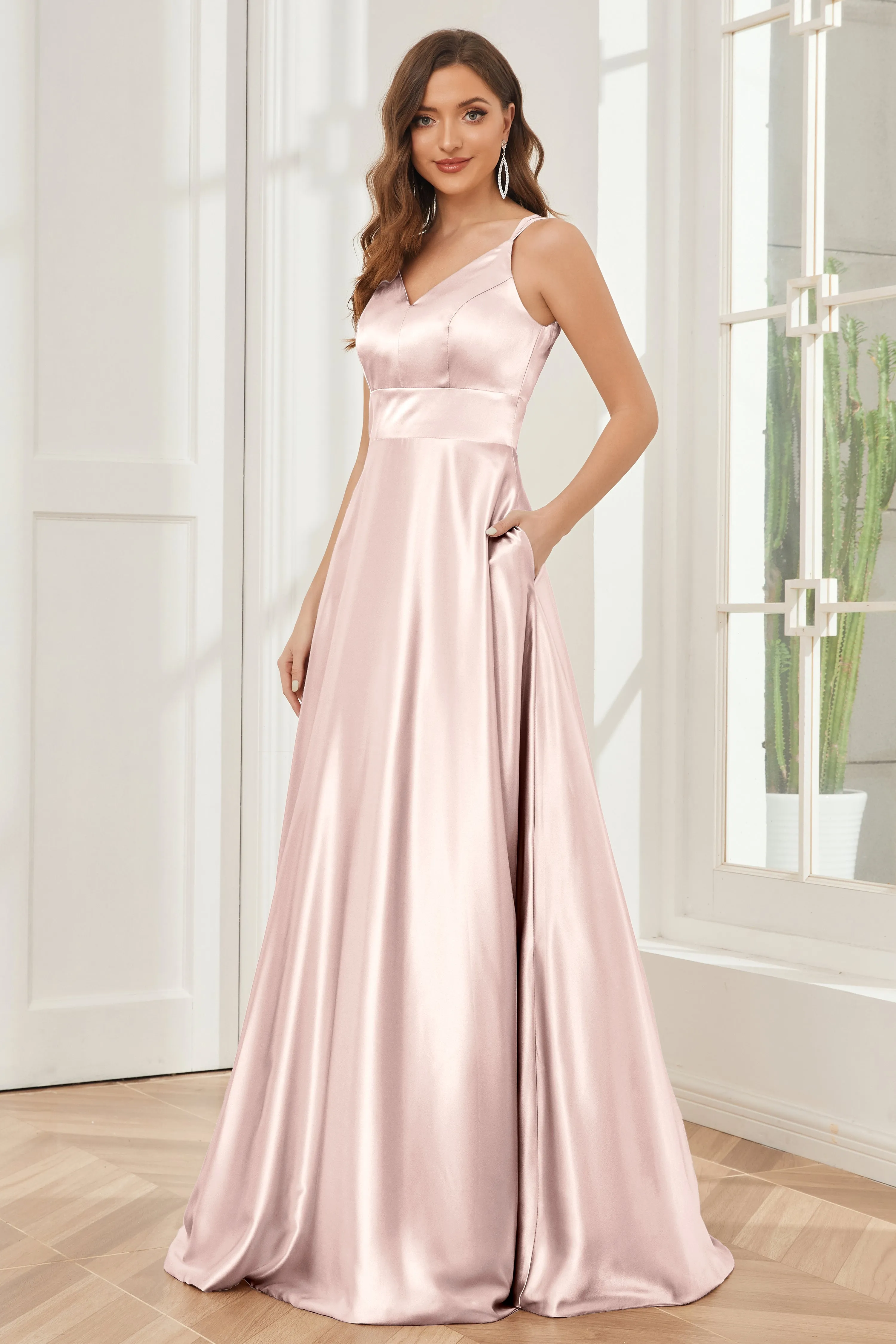 Spaghetti Straps V-neck Soft Satin Bridesmaid Dress