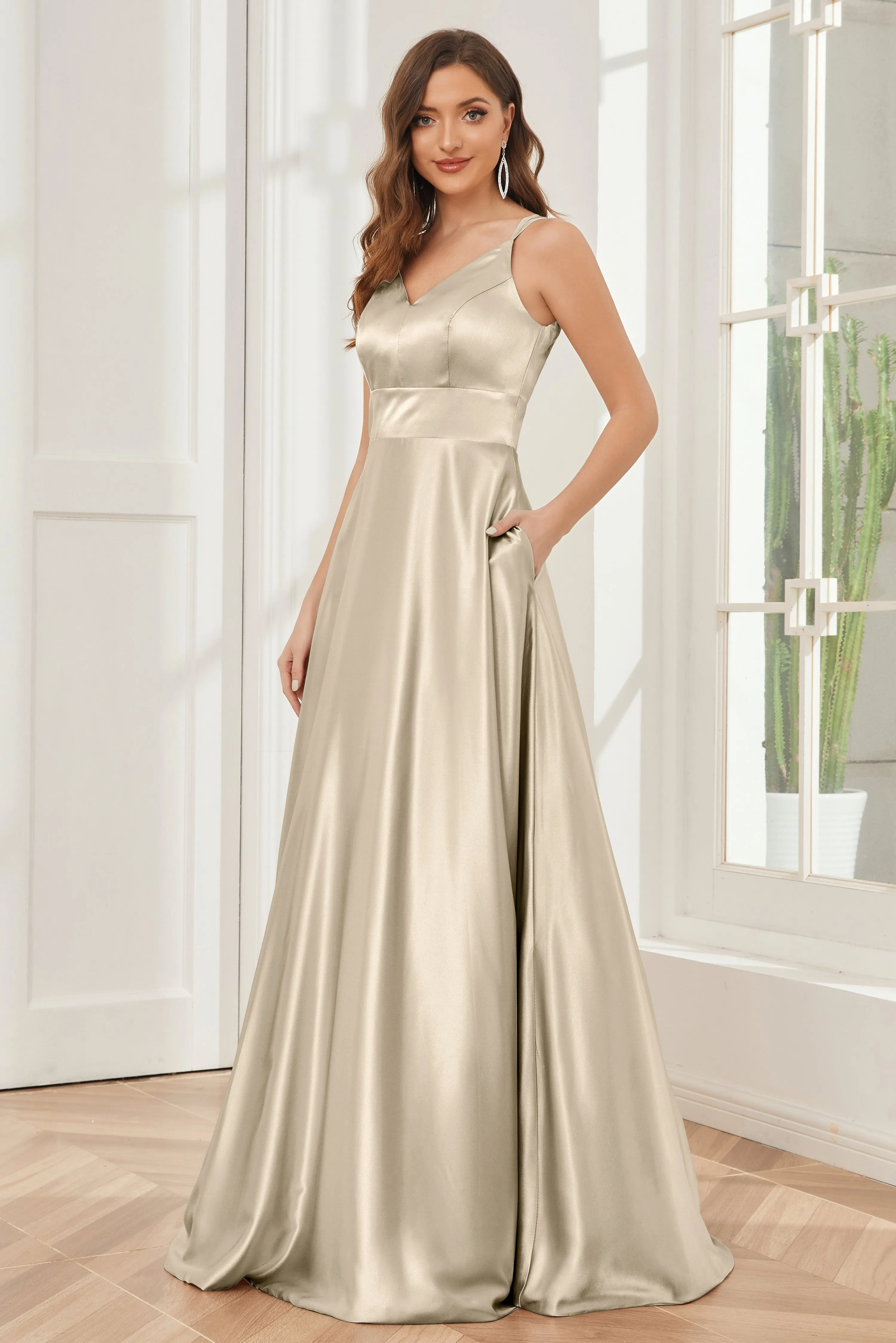Spaghetti Straps V-neck Soft Satin Bridesmaid Dress