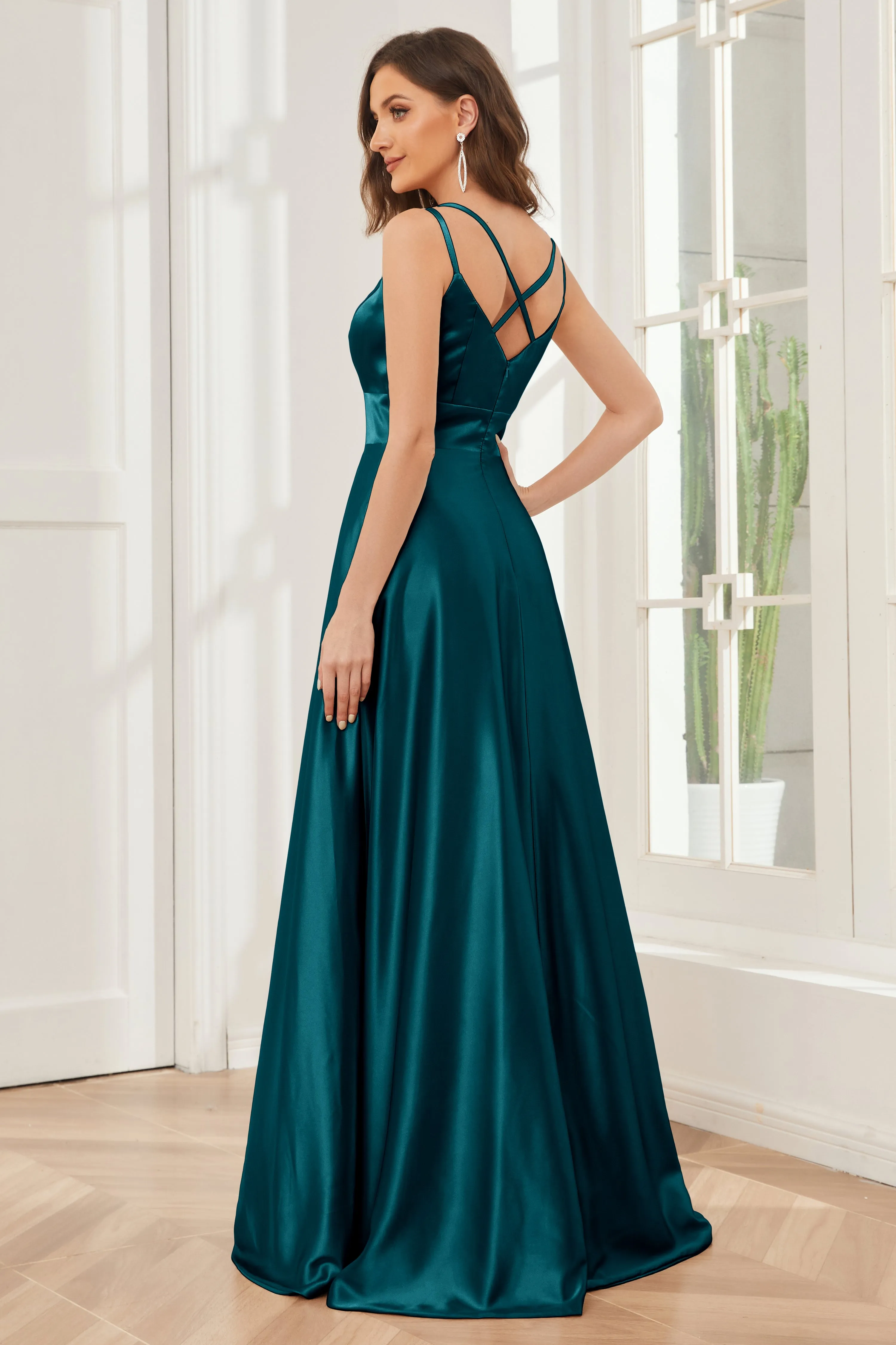Spaghetti Straps V-neck Soft Satin Bridesmaid Dress