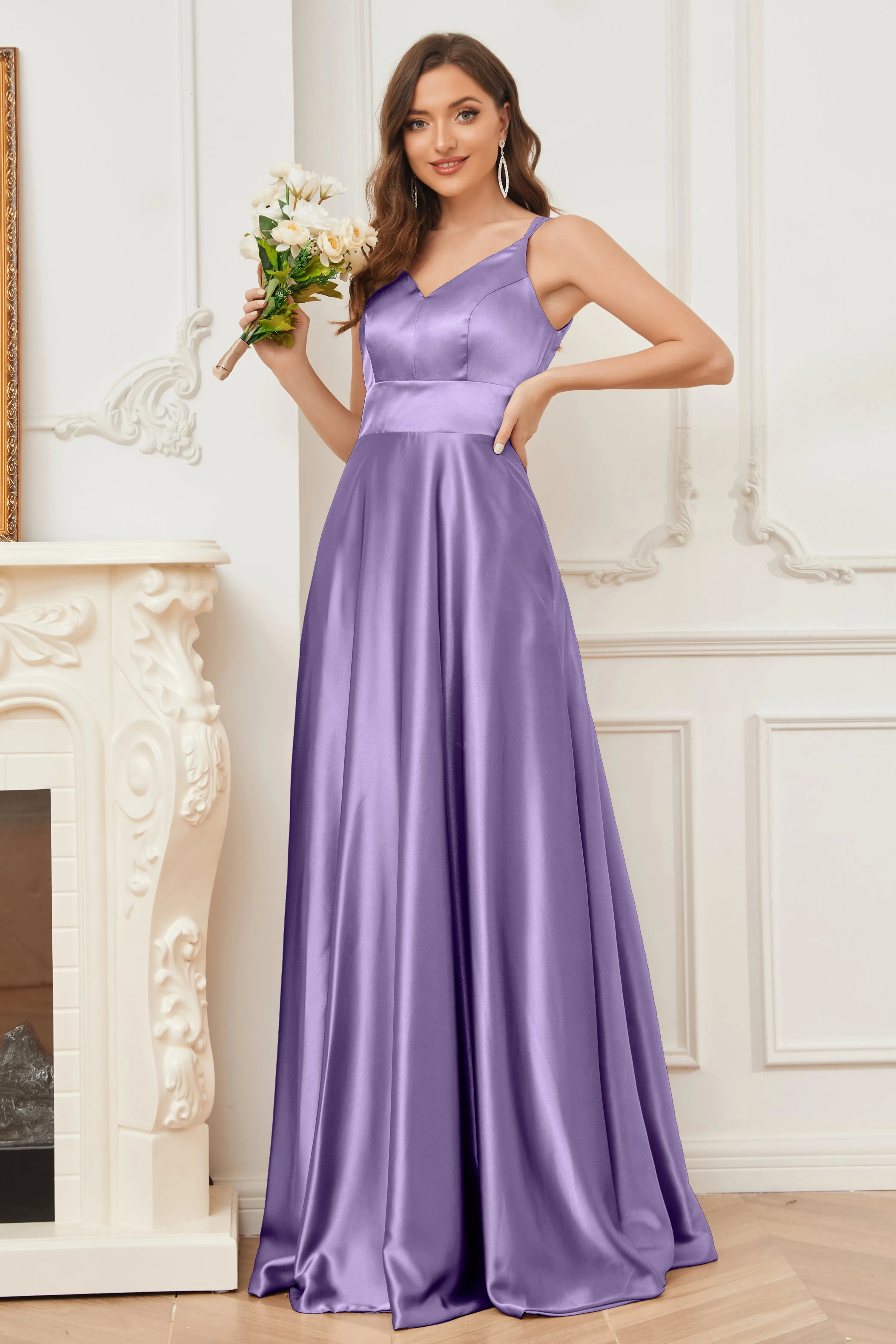 Spaghetti Straps V-neck Soft Satin Bridesmaid Dress