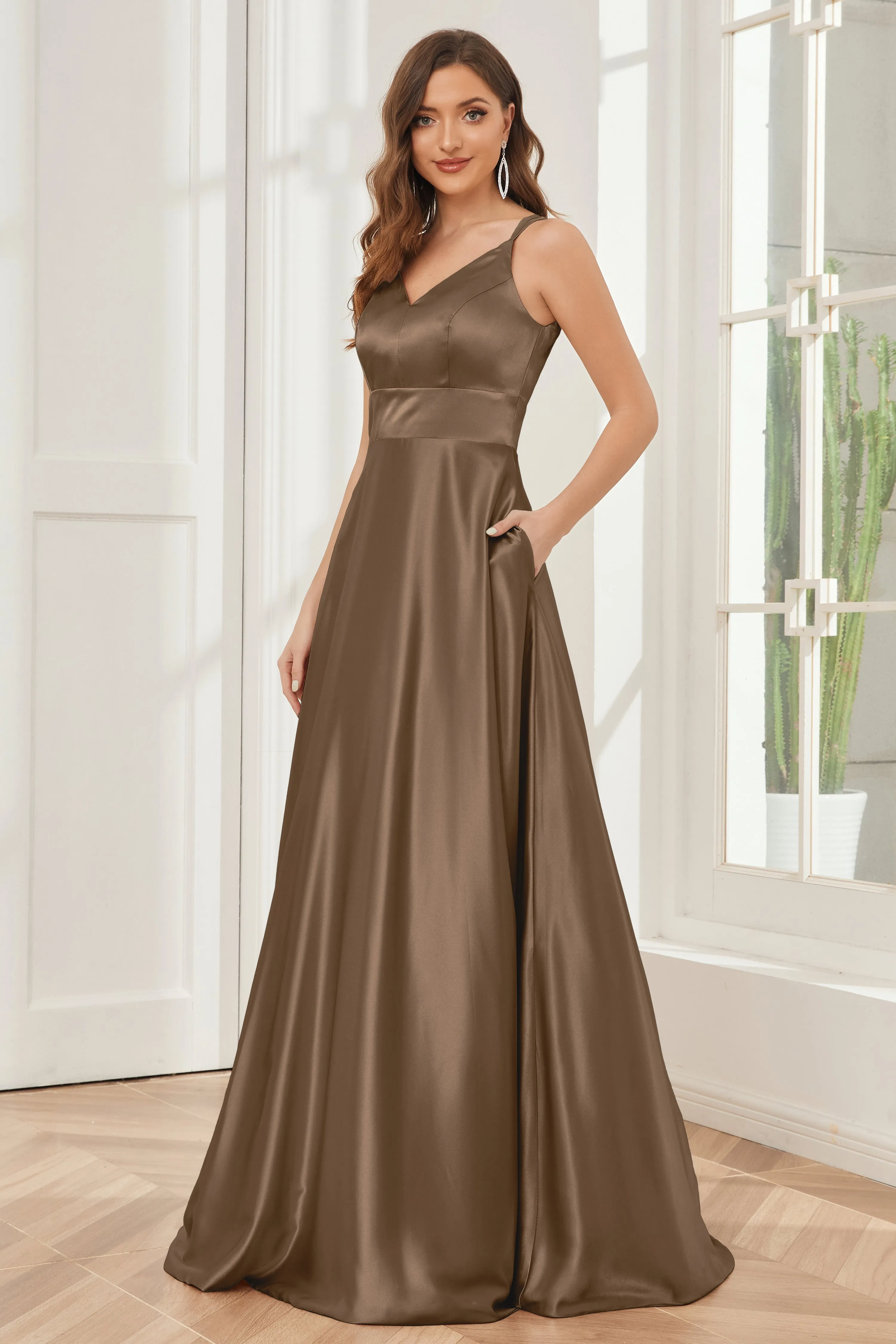 Spaghetti Straps V-neck Soft Satin Bridesmaid Dress