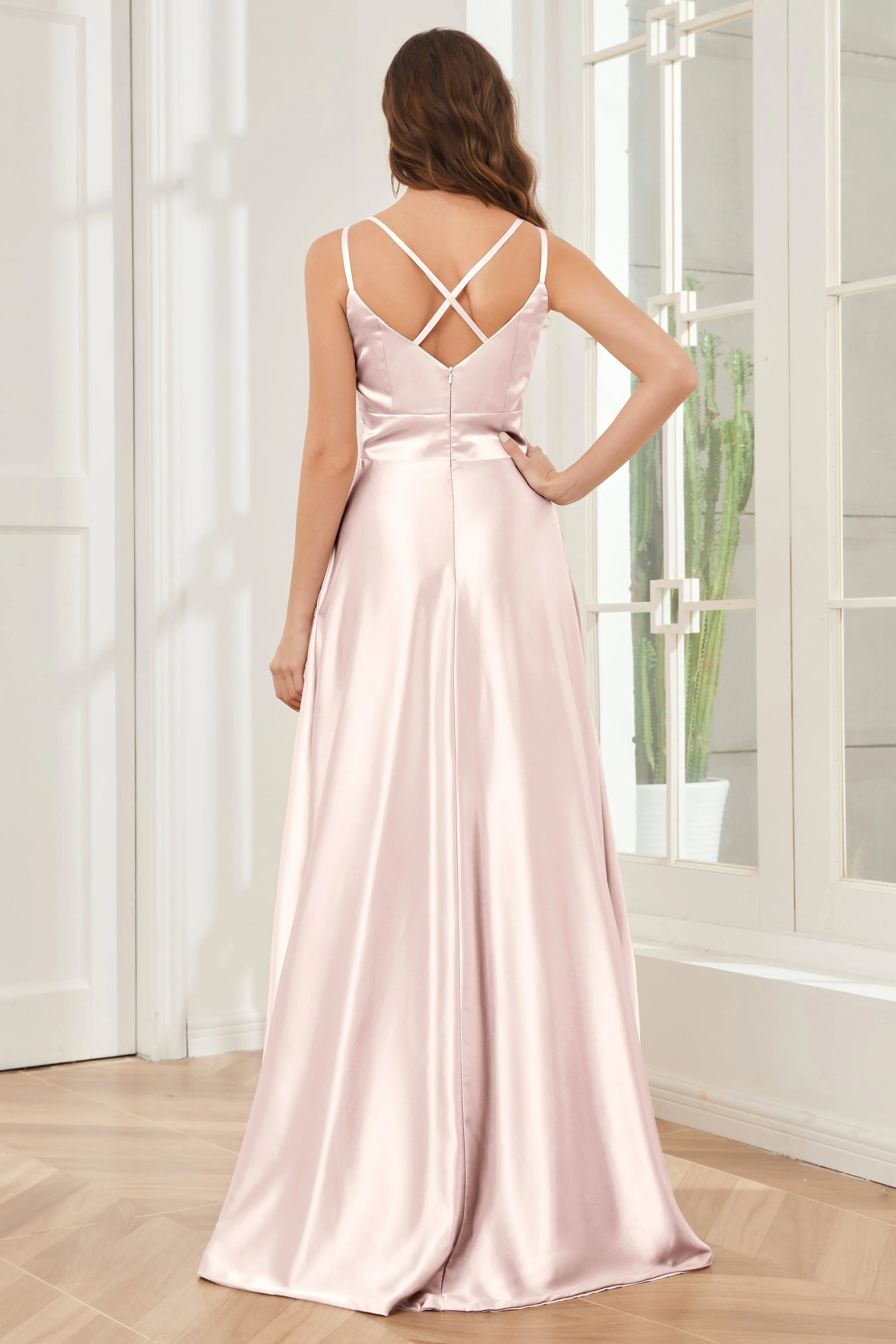 Spaghetti Straps V-neck Soft Satin Bridesmaid Dress