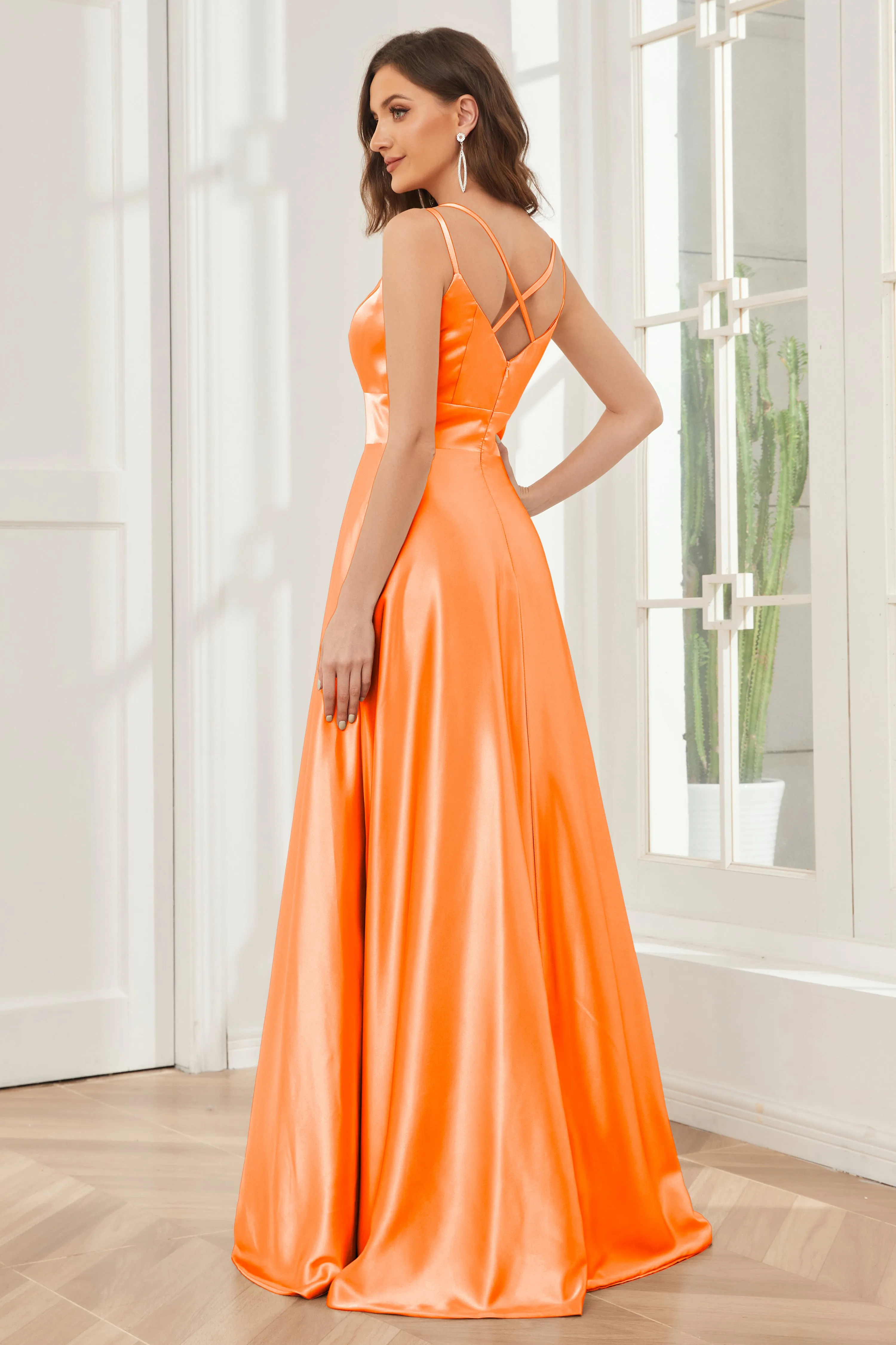 Spaghetti Straps V-neck Soft Satin Bridesmaid Dress
