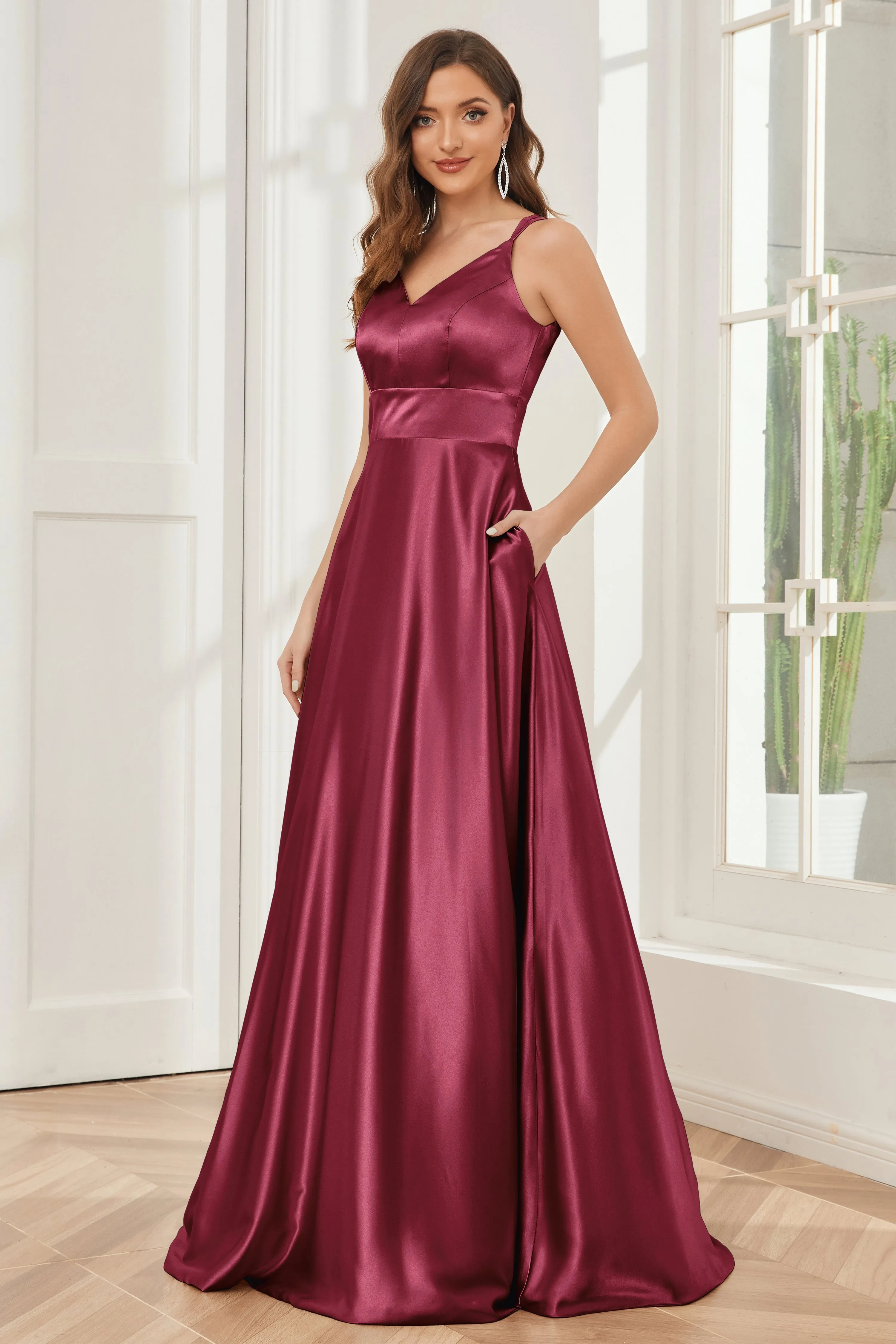 Spaghetti Straps V-neck Soft Satin Bridesmaid Dress