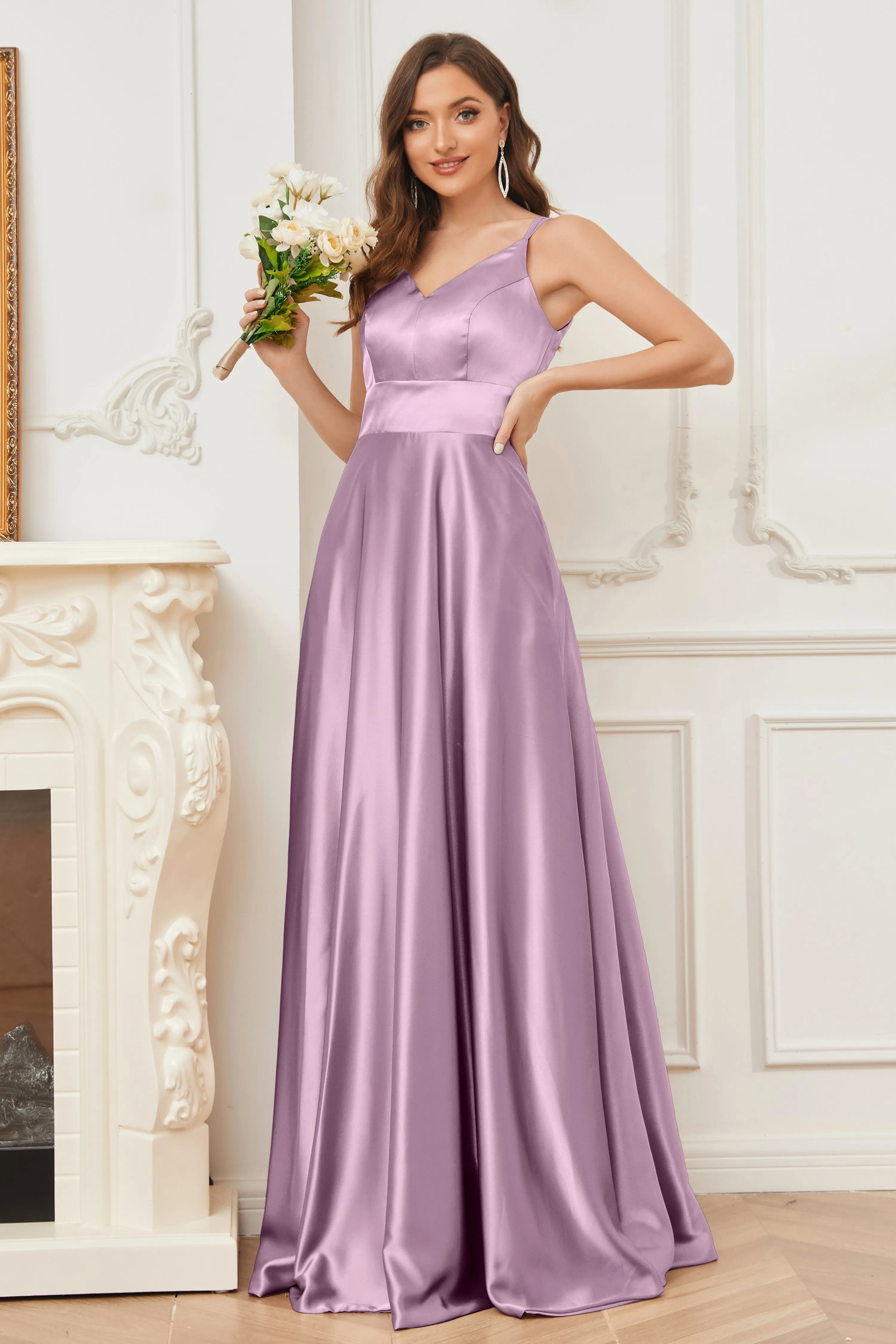 Spaghetti Straps V-neck Soft Satin Bridesmaid Dress