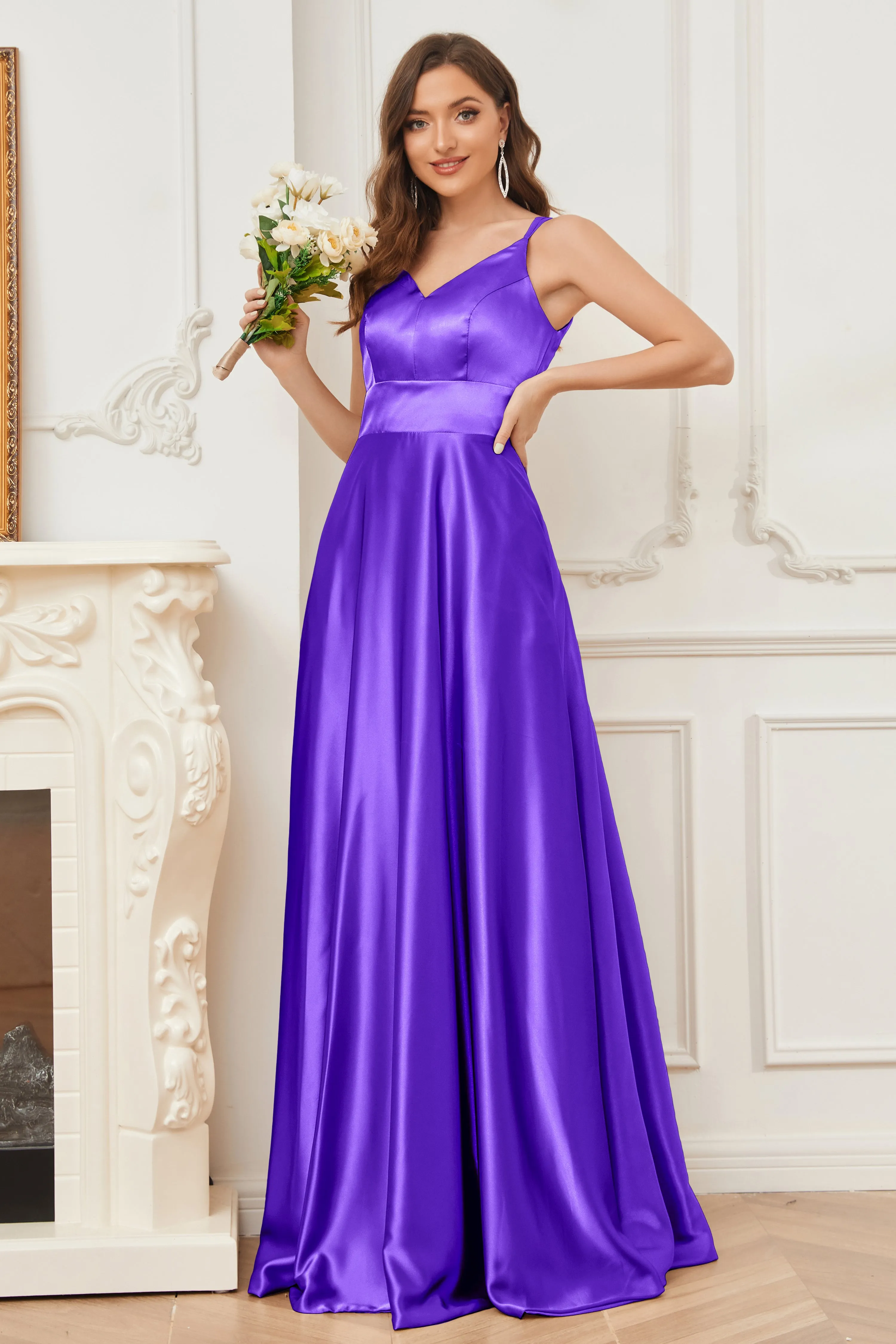 Spaghetti Straps V-neck Soft Satin Bridesmaid Dress