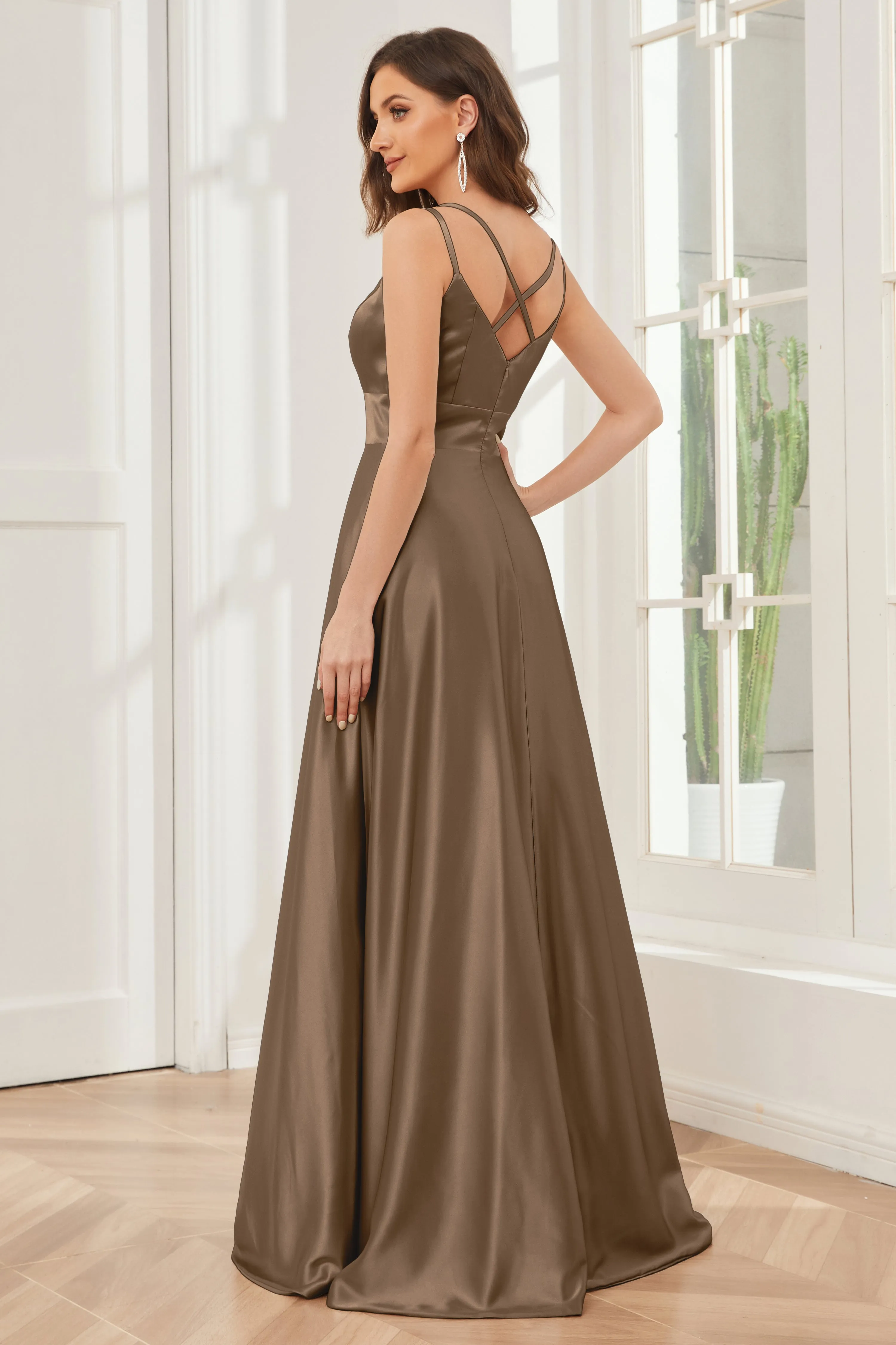 Spaghetti Straps V-neck Soft Satin Bridesmaid Dress