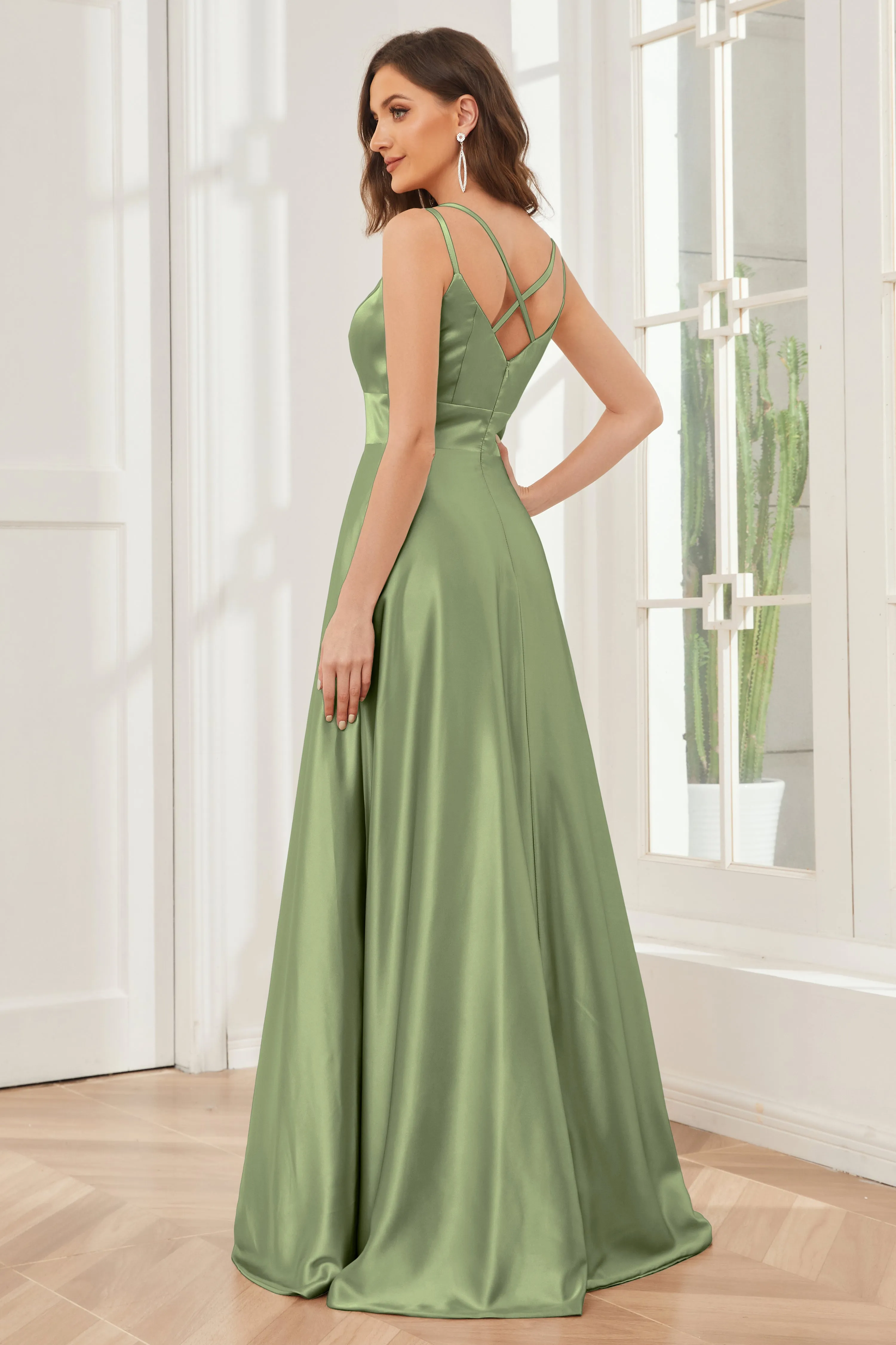Spaghetti Straps V-neck Soft Satin Bridesmaid Dress