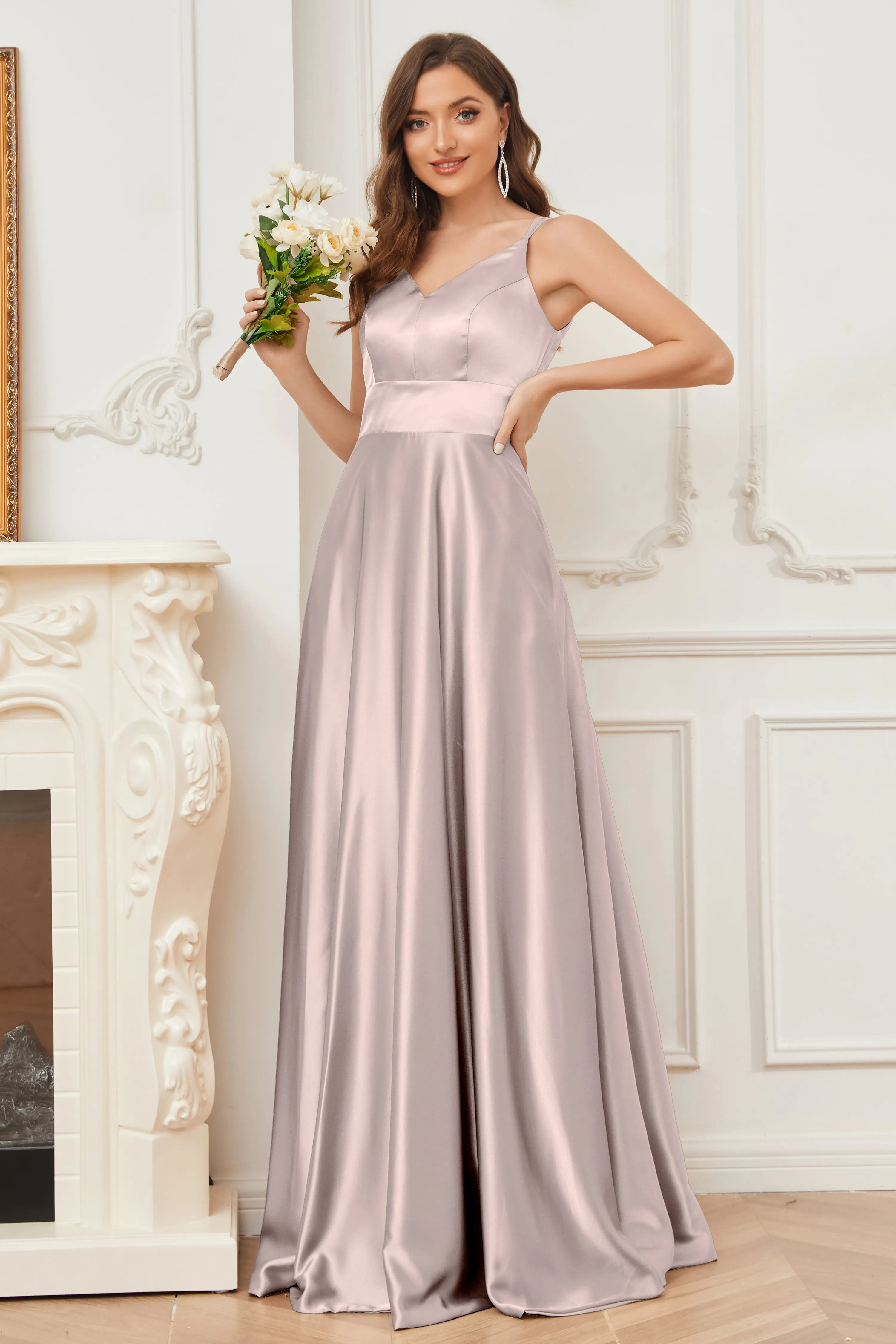 Spaghetti Straps V-neck Soft Satin Bridesmaid Dress