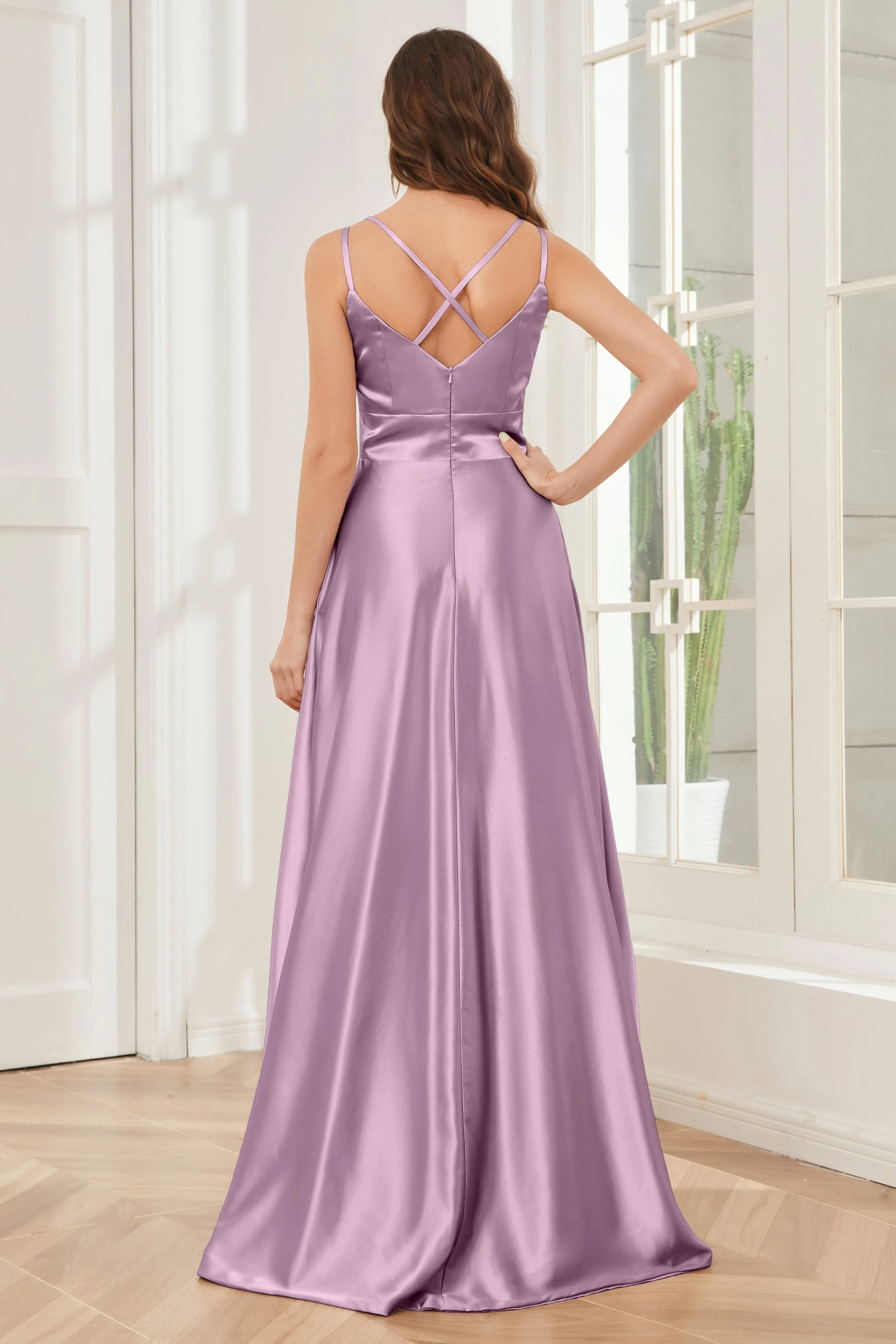 Spaghetti Straps V-neck Soft Satin Bridesmaid Dress