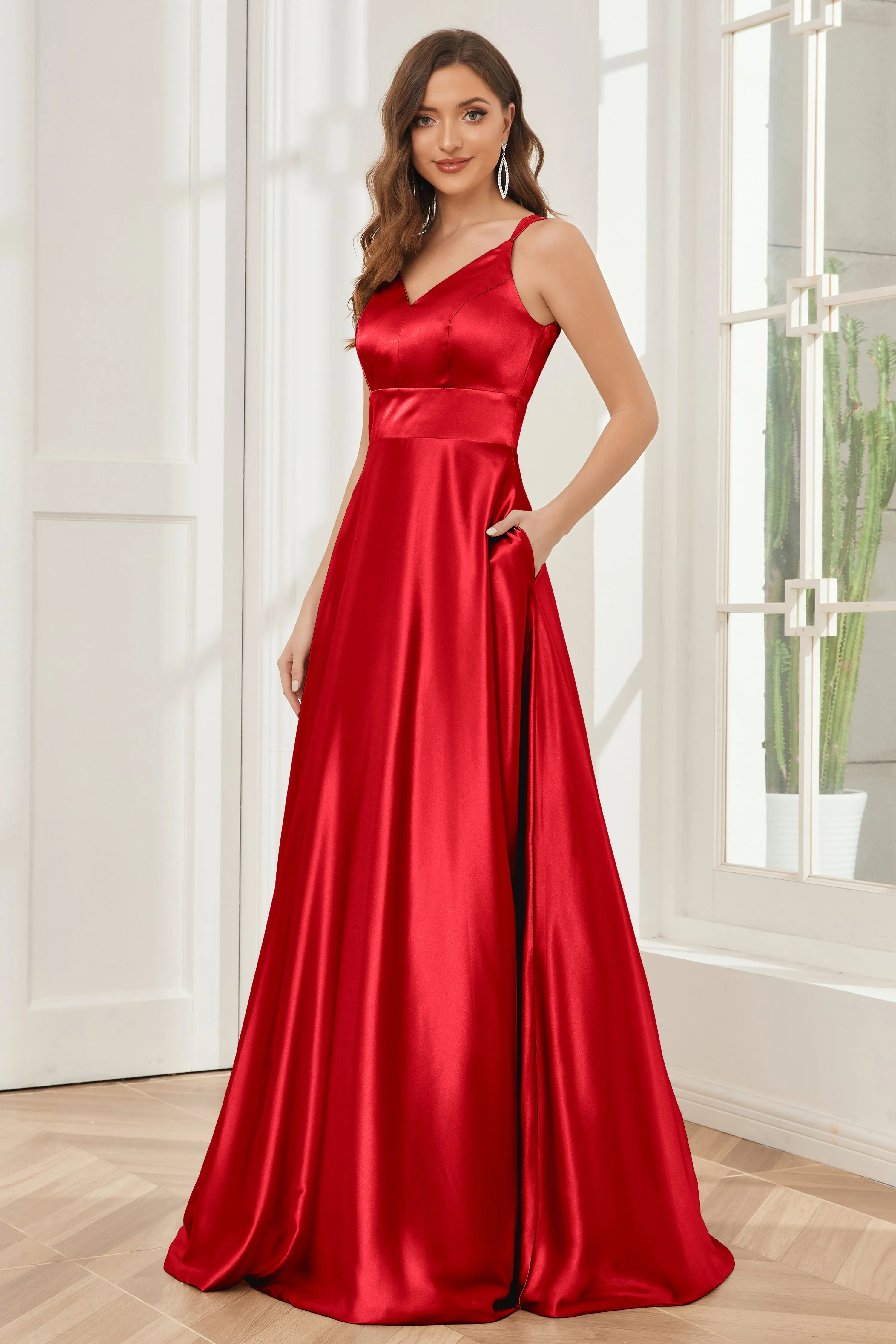 Spaghetti Straps V-neck Soft Satin Bridesmaid Dress
