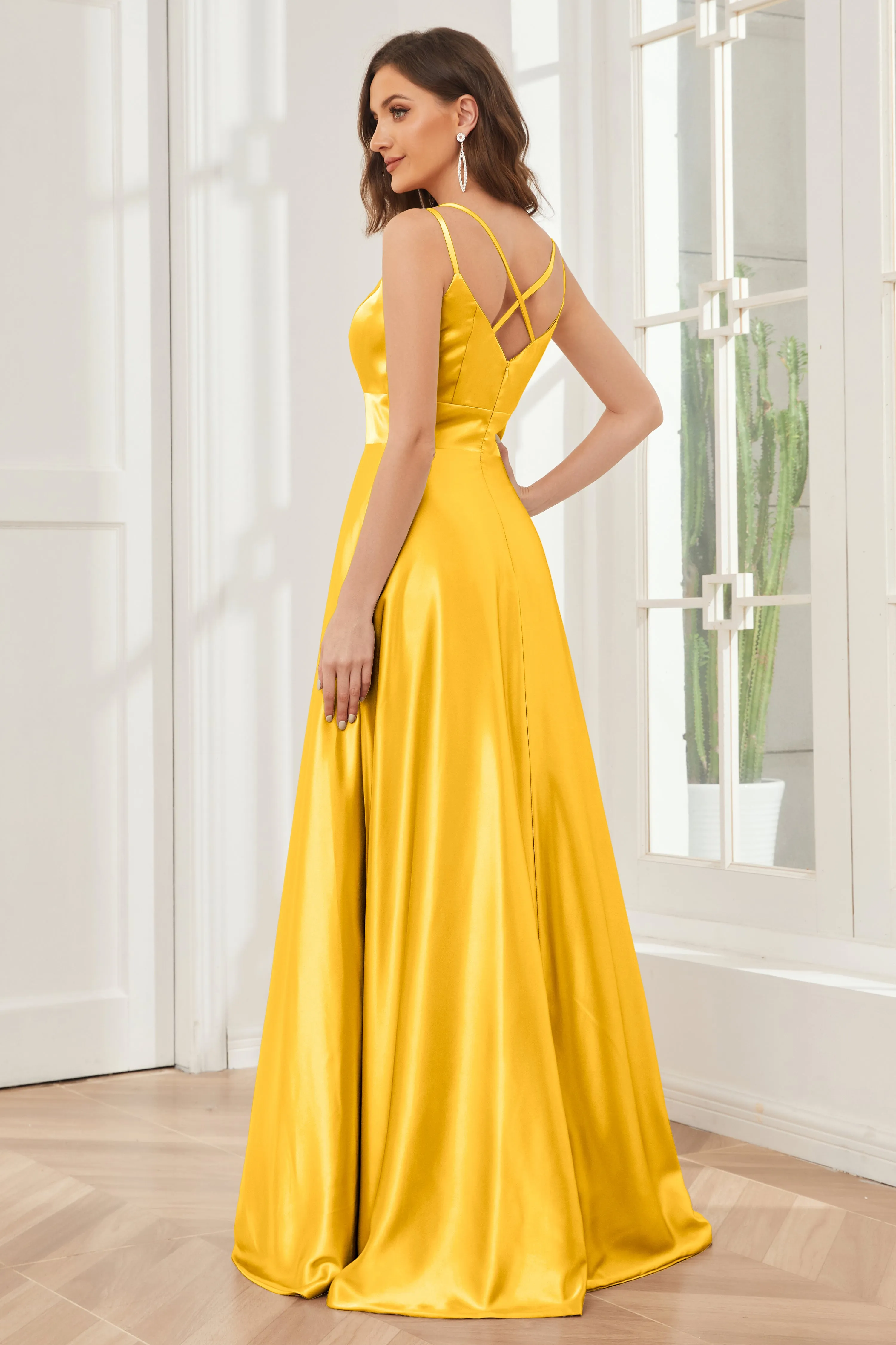 Spaghetti Straps V-neck Soft Satin Bridesmaid Dress