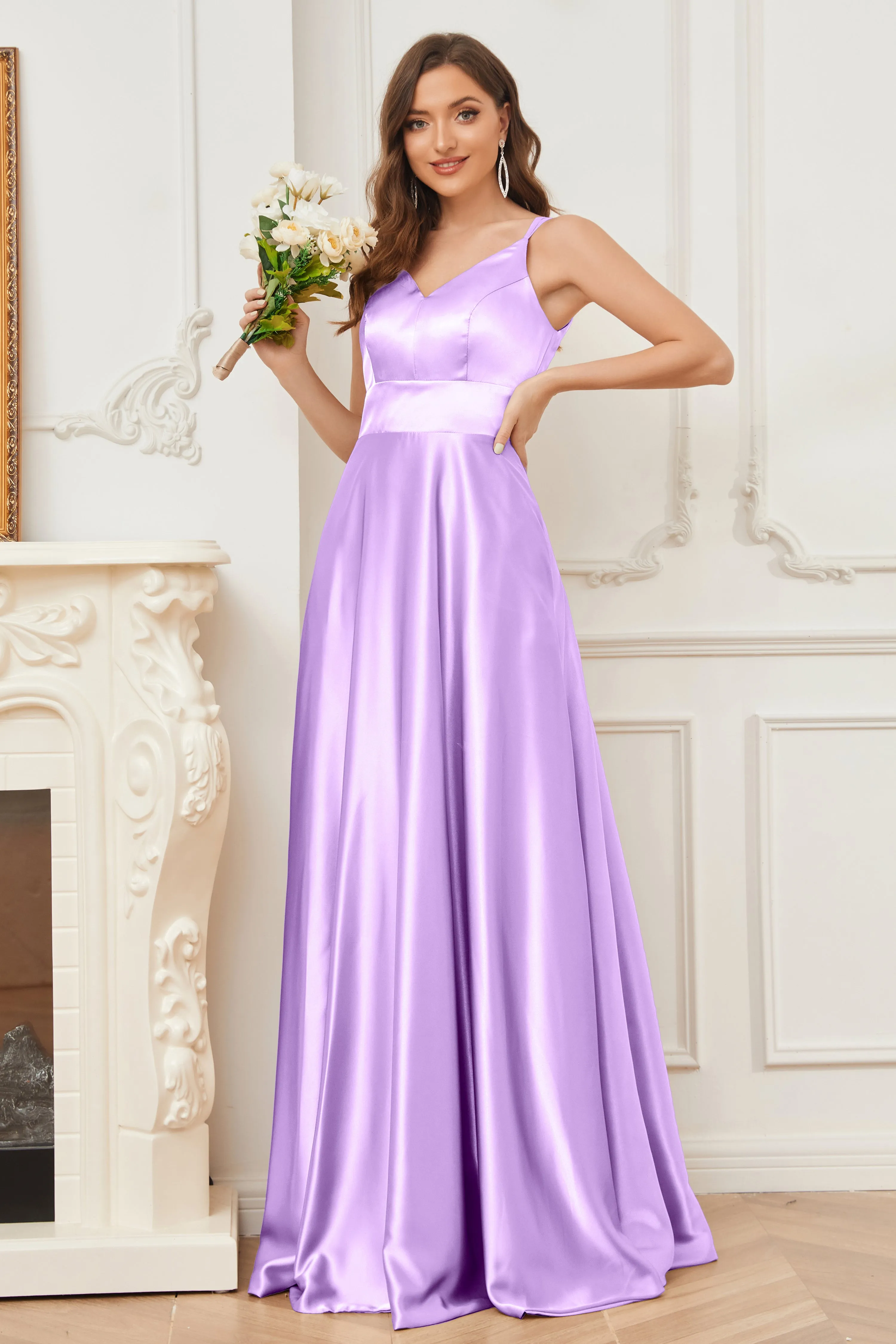 Spaghetti Straps V-neck Soft Satin Bridesmaid Dress