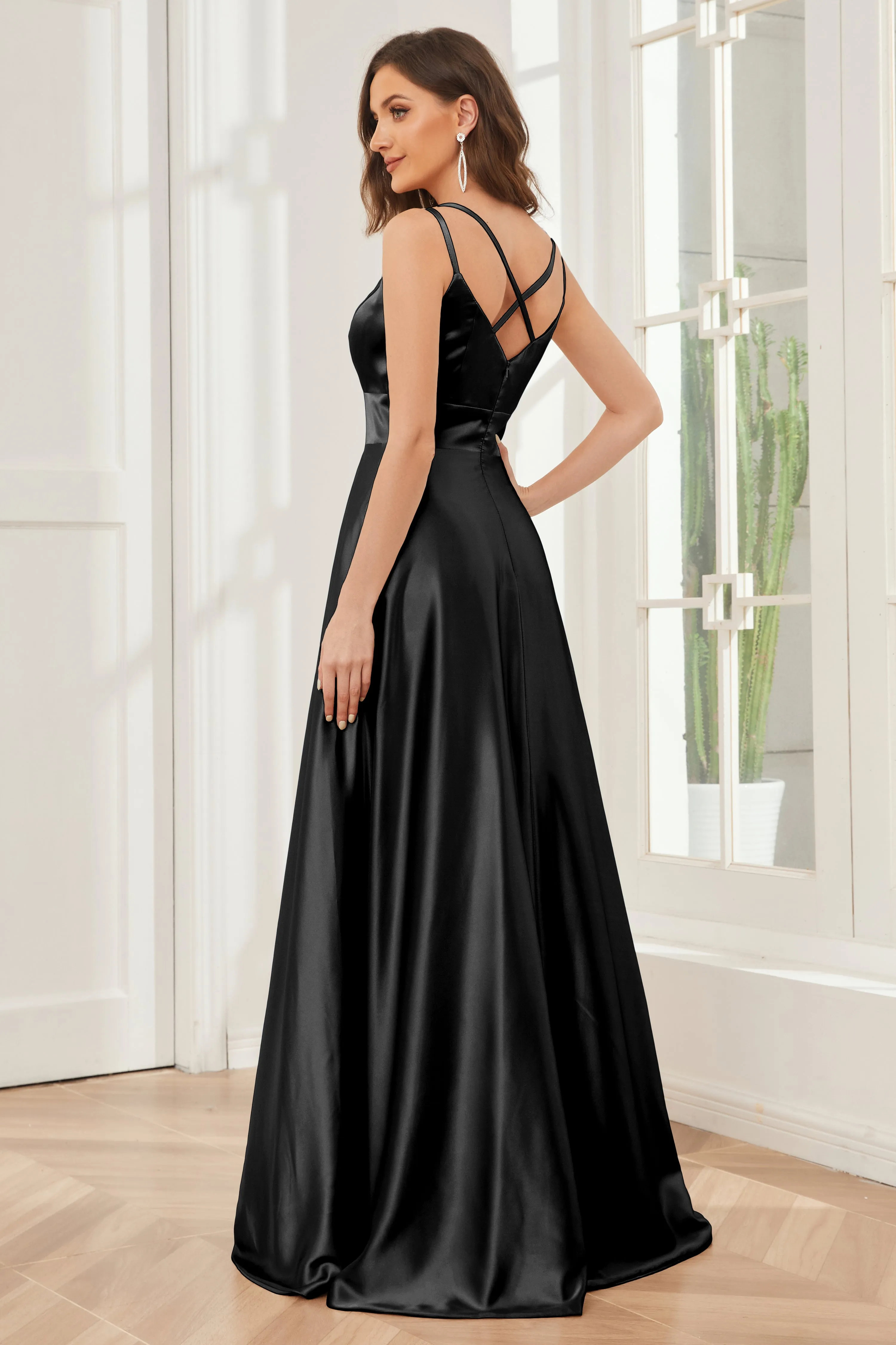 Spaghetti Straps V-neck Soft Satin Bridesmaid Dress