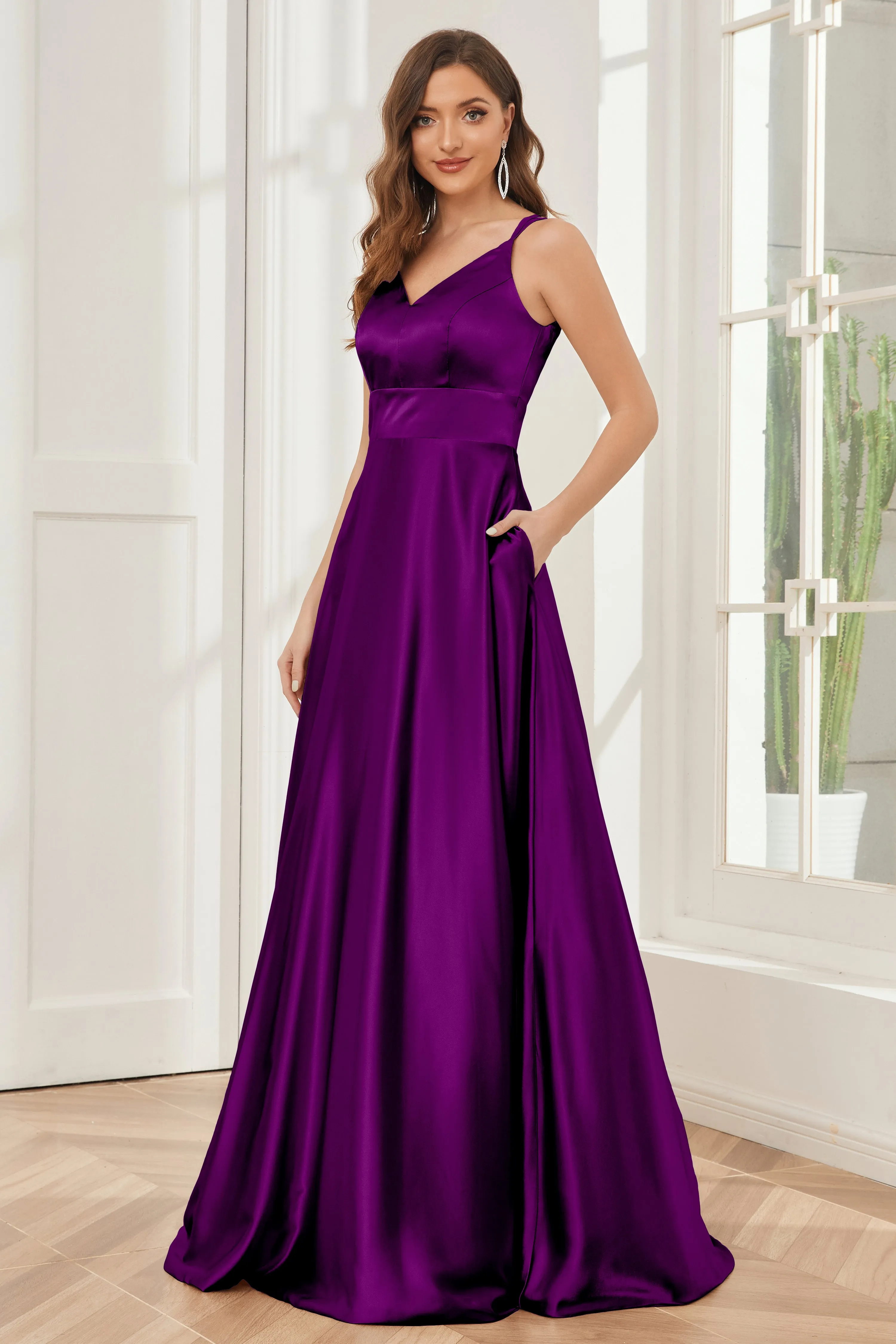 Spaghetti Straps V-neck Soft Satin Bridesmaid Dress