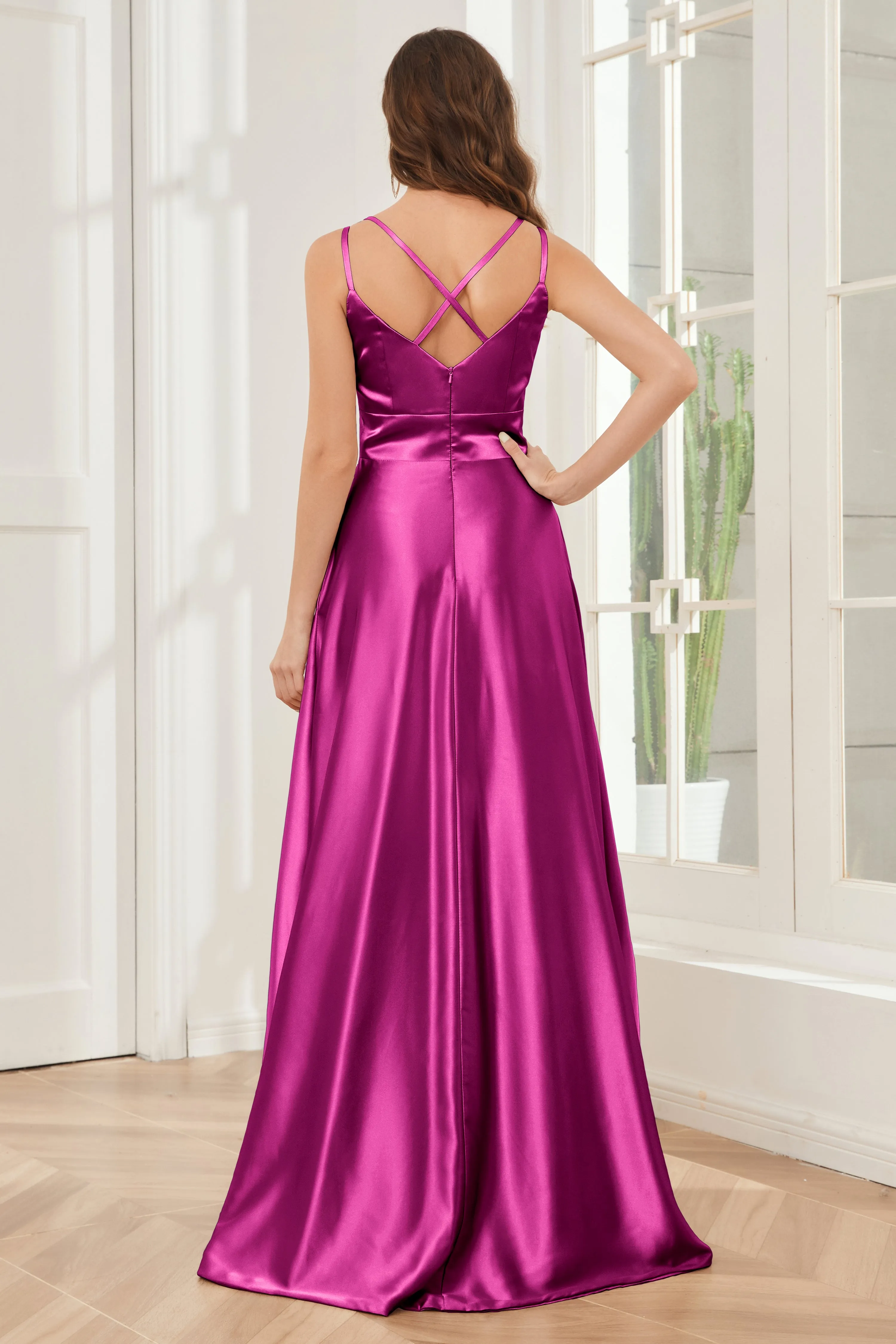 Spaghetti Straps V-neck Soft Satin Bridesmaid Dress