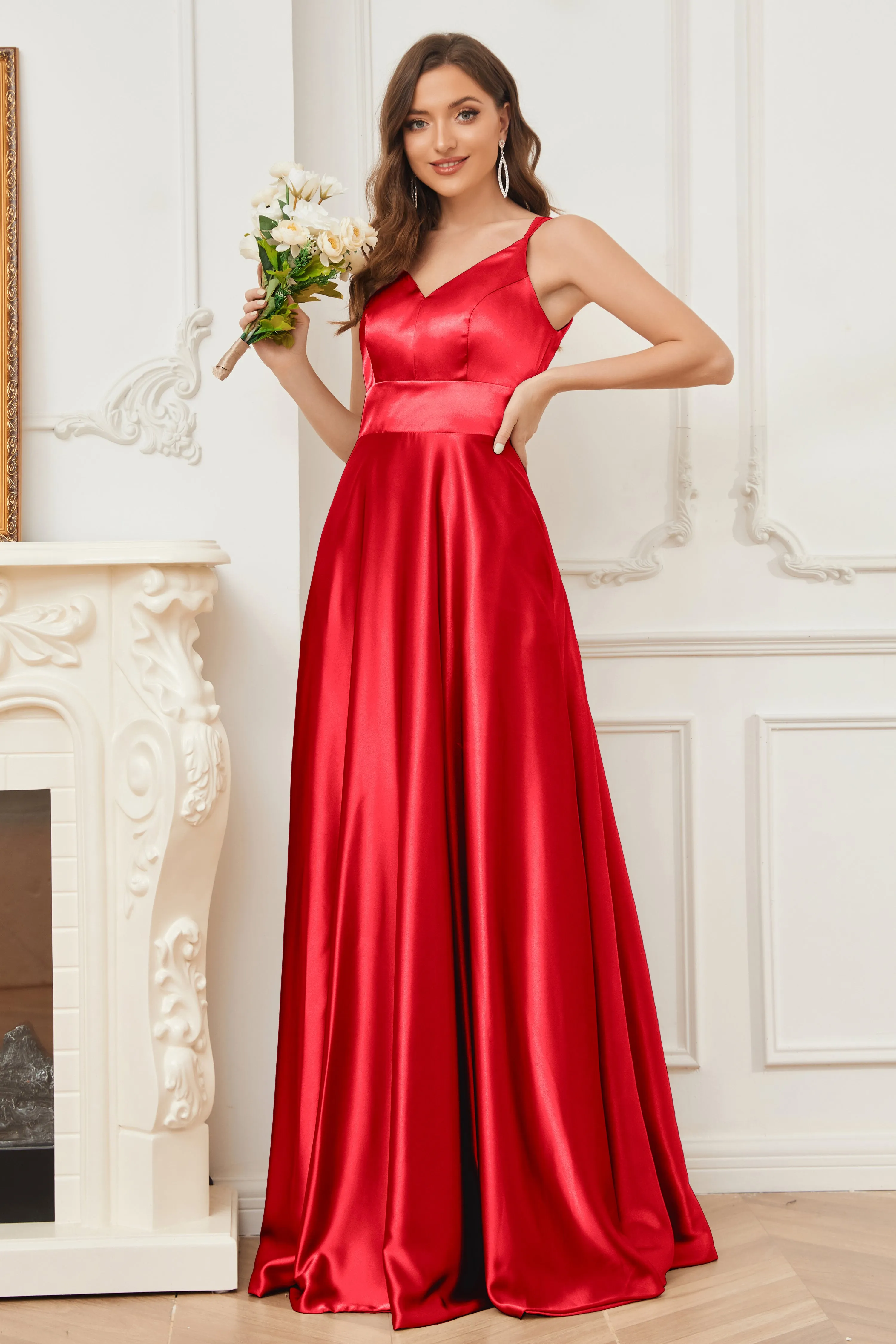 Spaghetti Straps V-neck Soft Satin Bridesmaid Dress