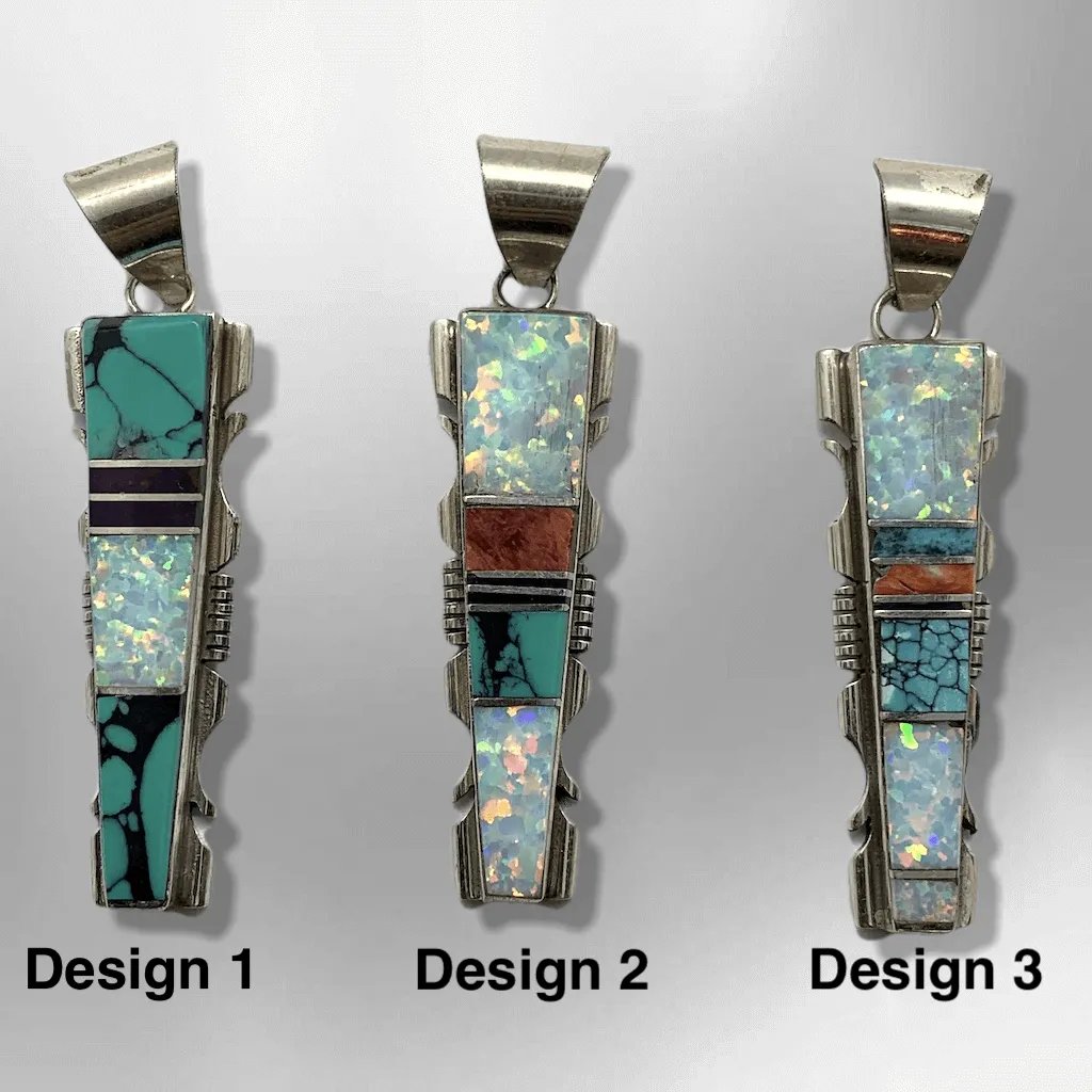 Sterling Silver Navajo Handmade Inlay Different Stones Long Arrowhead Pendant
