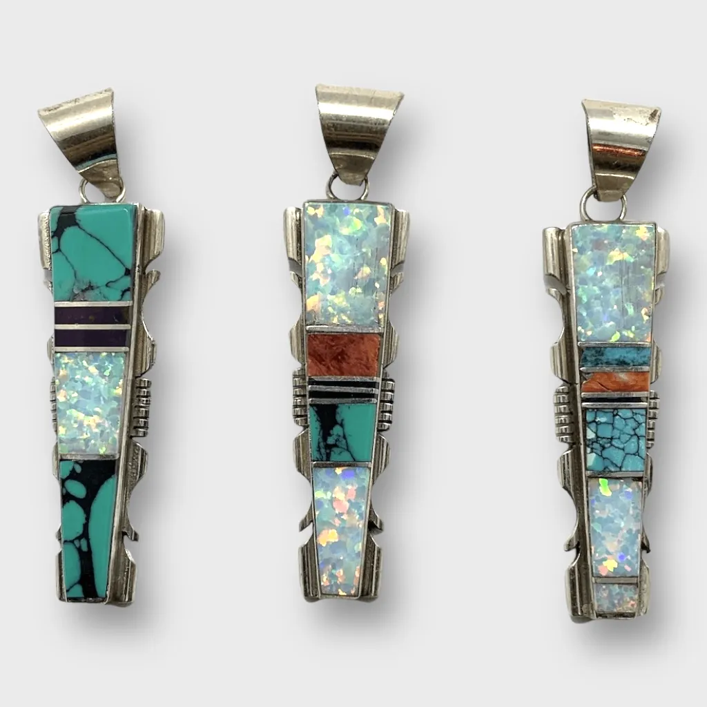 Sterling Silver Navajo Handmade Inlay Different Stones Long Arrowhead Pendant