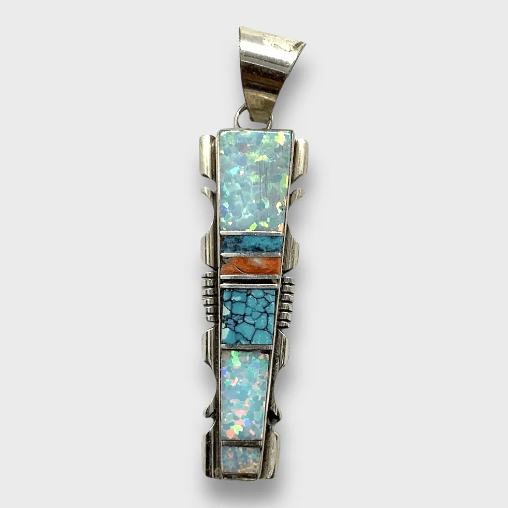 Sterling Silver Navajo Handmade Inlay Different Stones Long Arrowhead Pendant