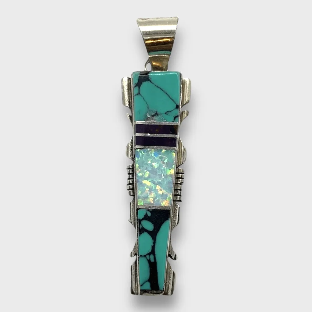 Sterling Silver Navajo Handmade Inlay Different Stones Long Arrowhead Pendant