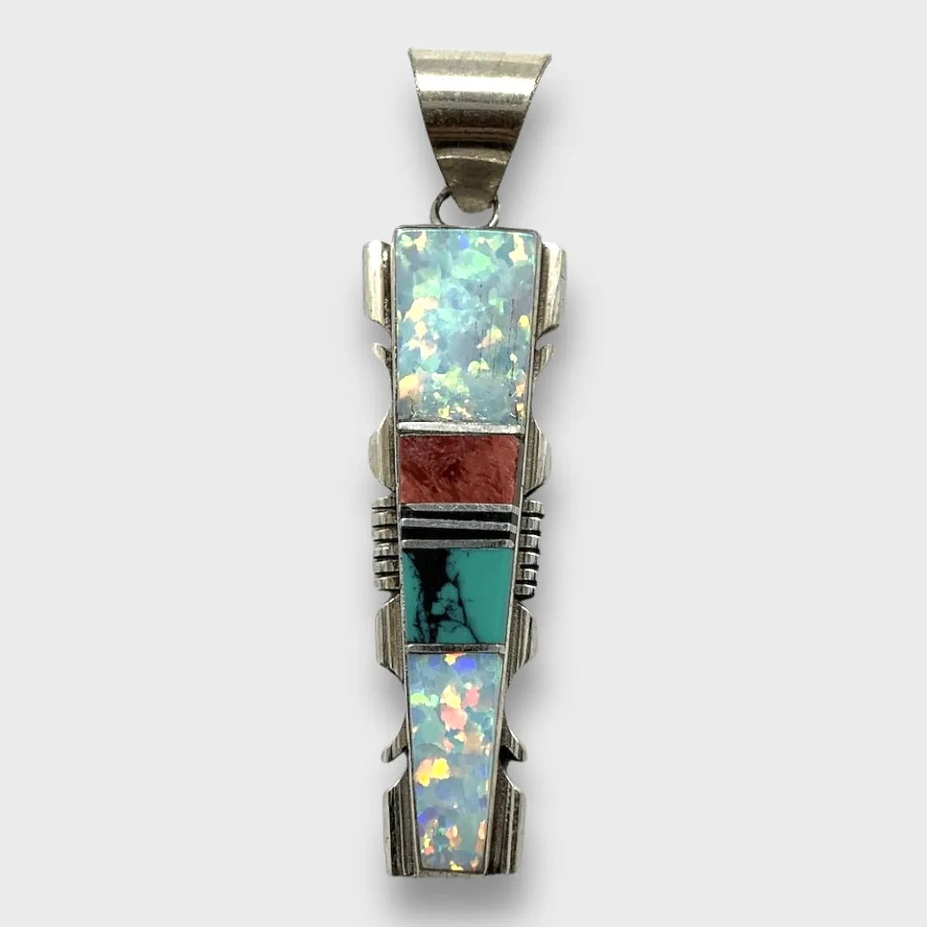 Sterling Silver Navajo Handmade Inlay Different Stones Long Arrowhead Pendant