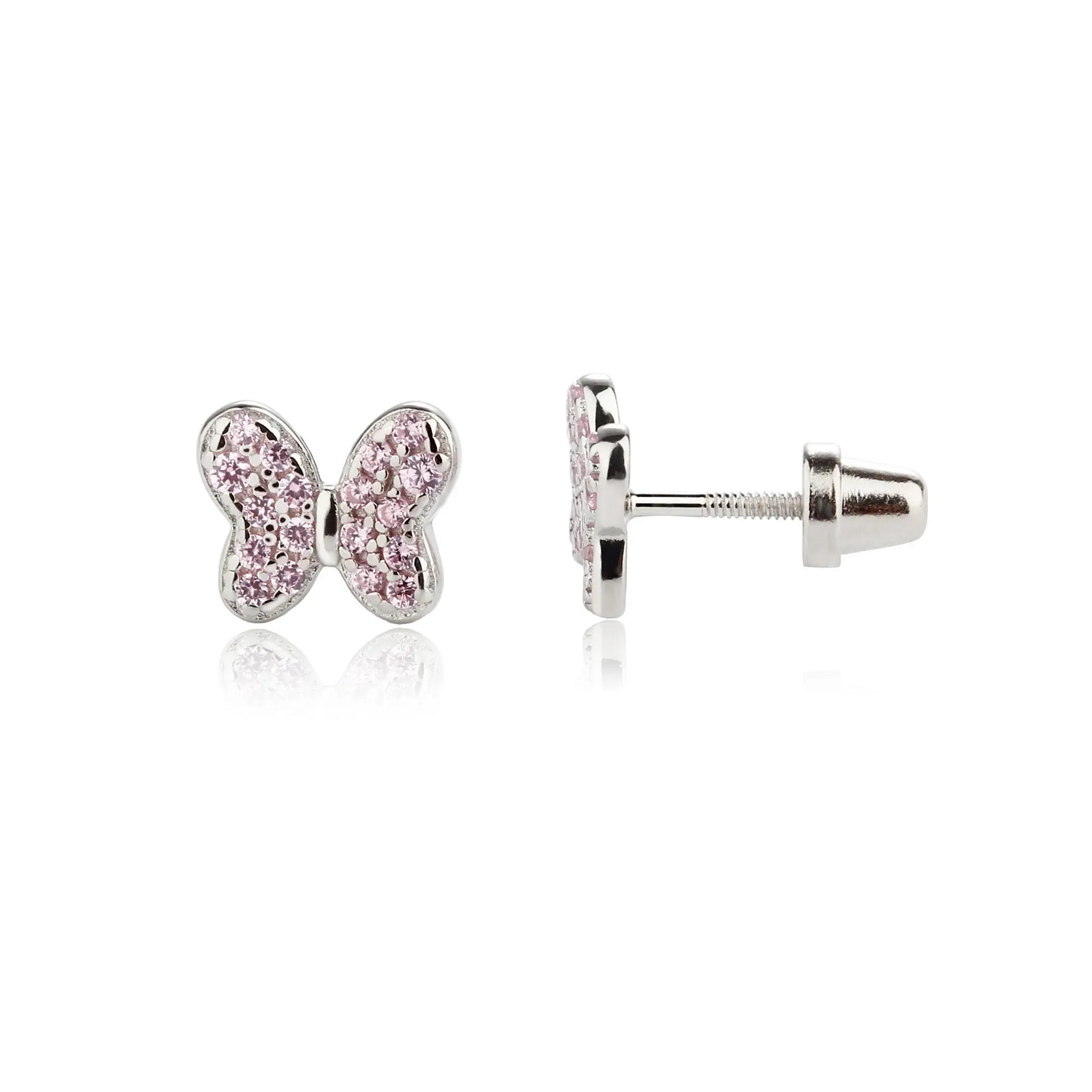 Sterling Silver Pink Butterfly Earrings with CZs