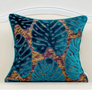 Teal Palm Leaf Print Velvet Throw Pillow Cover  18'' x 18'' (Insert Not Included)