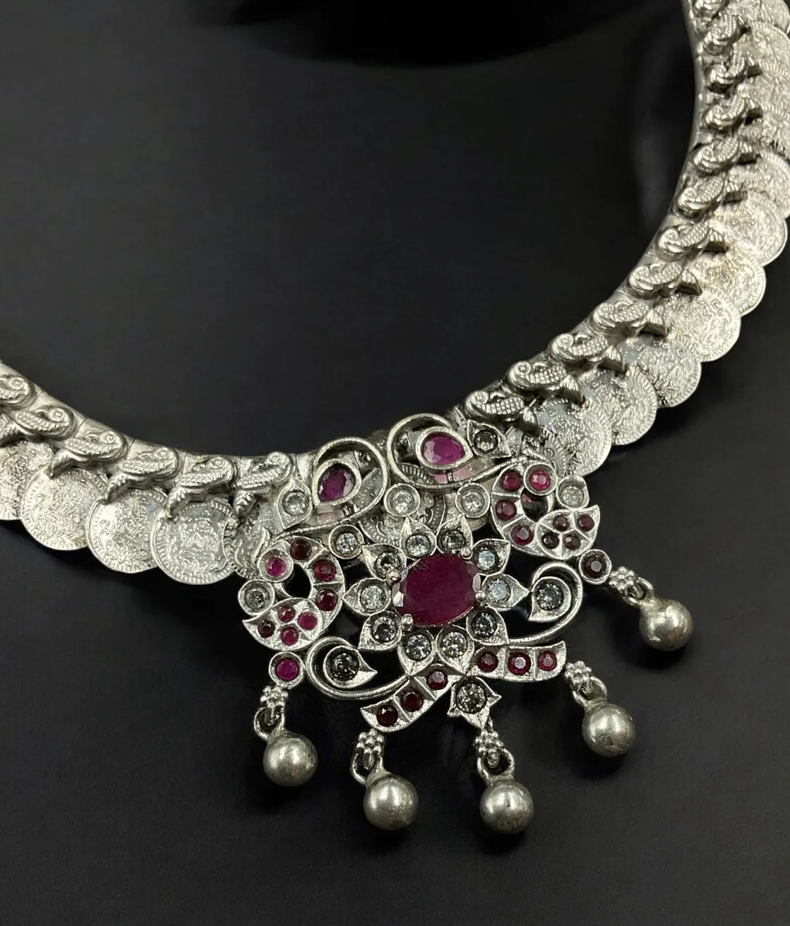 The Mohini Silver Peacock Kasumala  Necklace (Oxidised)