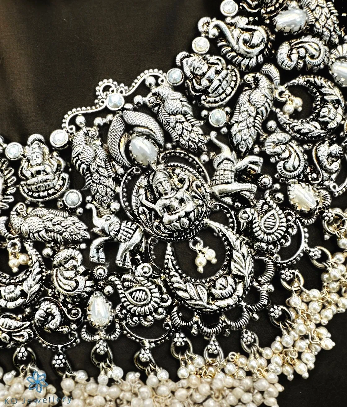 The Sadhika Silver Pearl Lakshmi  Necklace (Oxidised)