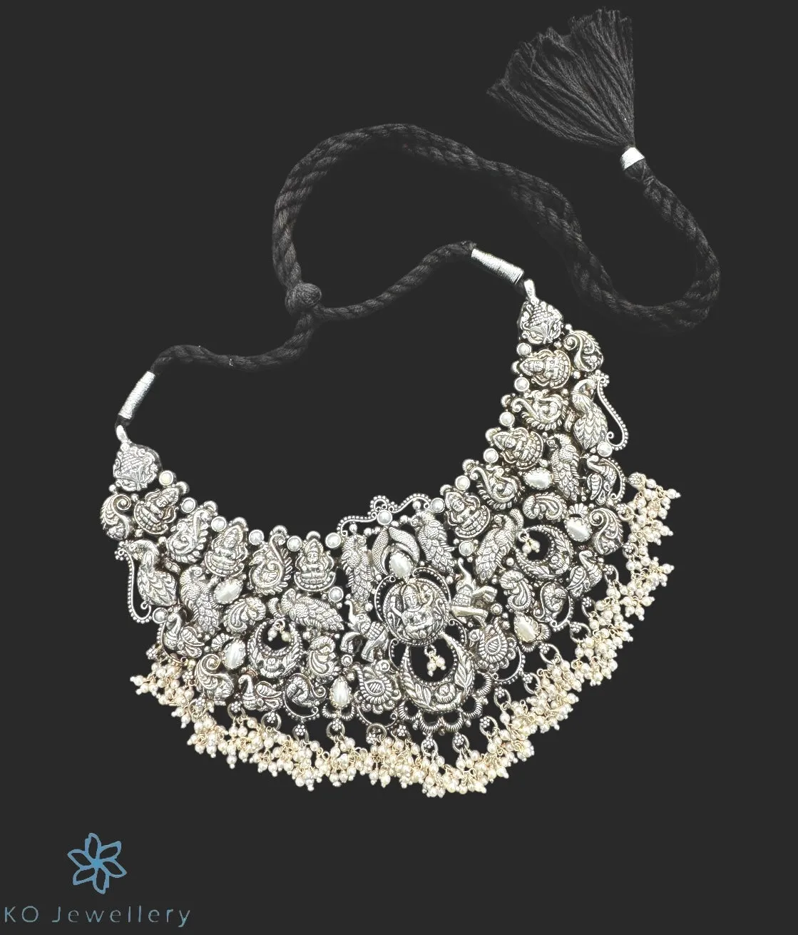 The Sadhika Silver Pearl Lakshmi  Necklace (Oxidised)