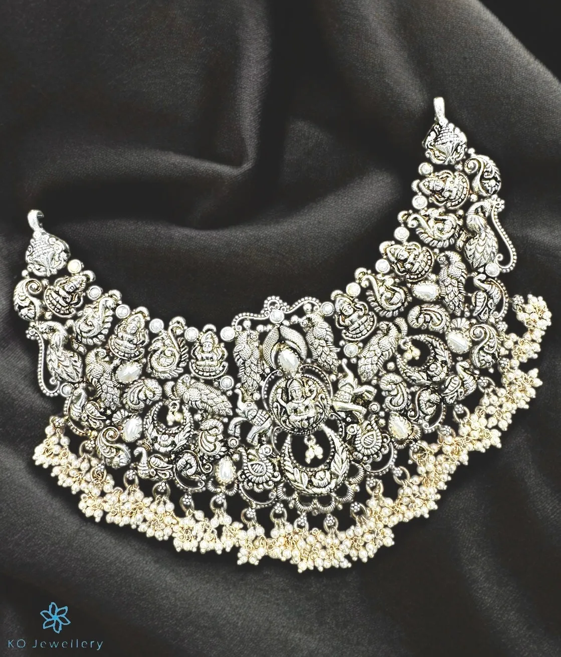 The Sadhika Silver Pearl Lakshmi  Necklace (Oxidised)