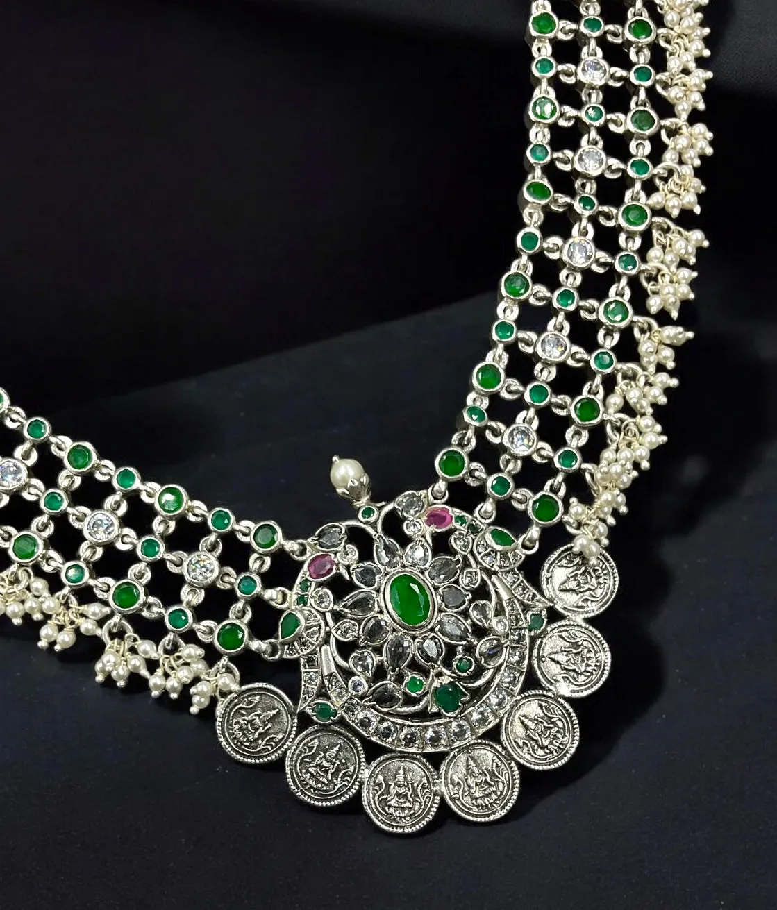 The Sayari Silver Lakshmi Coin Necklace (Green; Oxidised)