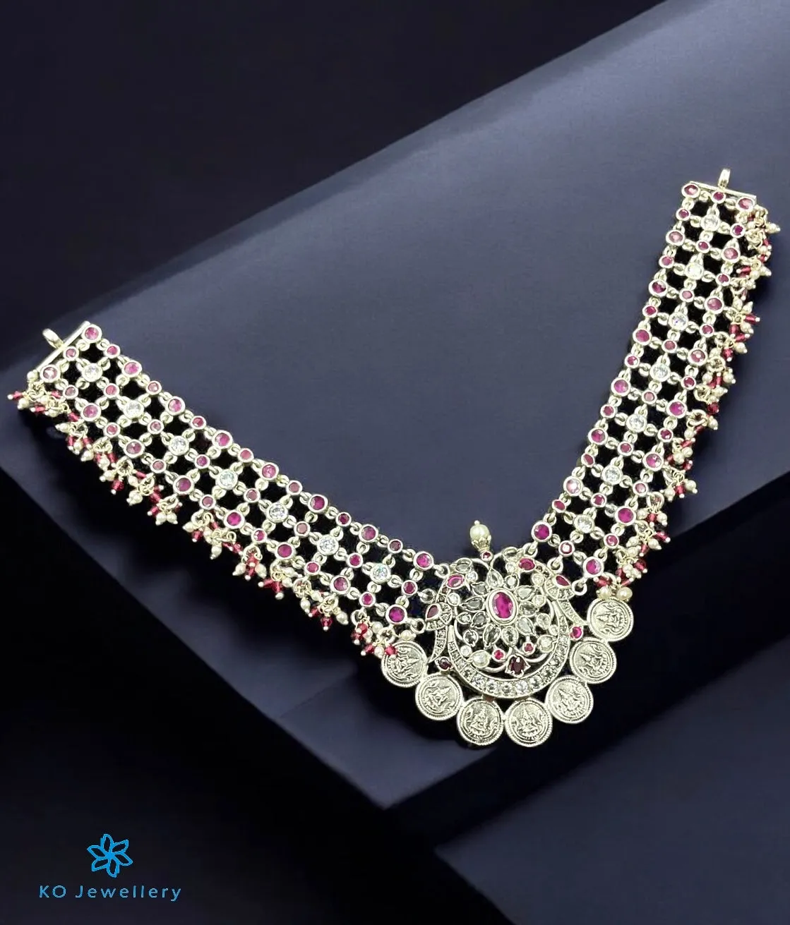 The Sayari Silver Lakshmi Coin Necklace (Red/ Oxidised)